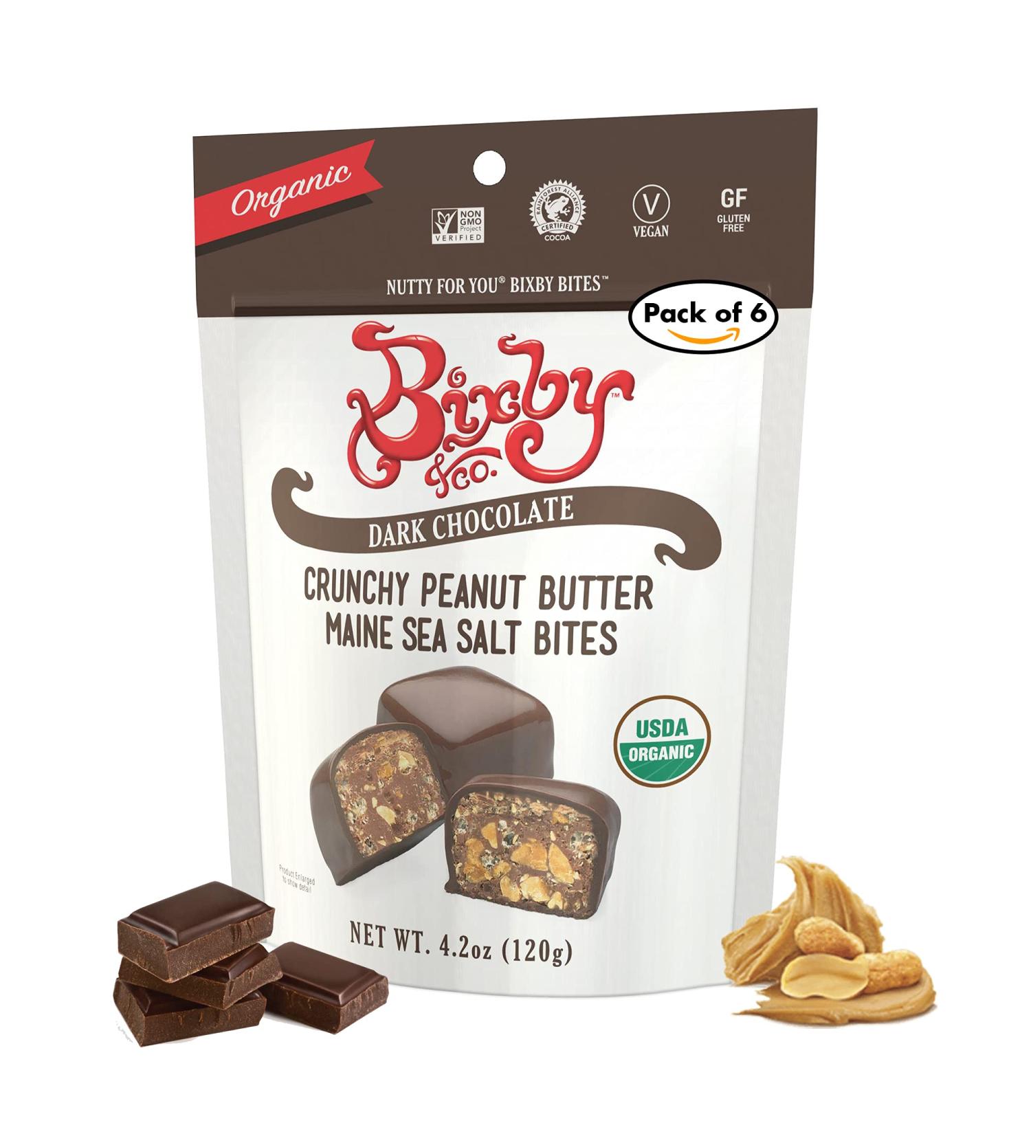 Bixby Organic Dark Chocolate Peanut Butter Sea Salt Bites - Gluten Free, Kosher, Non-GMO - 4.2oz Bags (Pack of 6) - Resealable Dark Chocolate Clusters - Buy Online on GoSupps.com