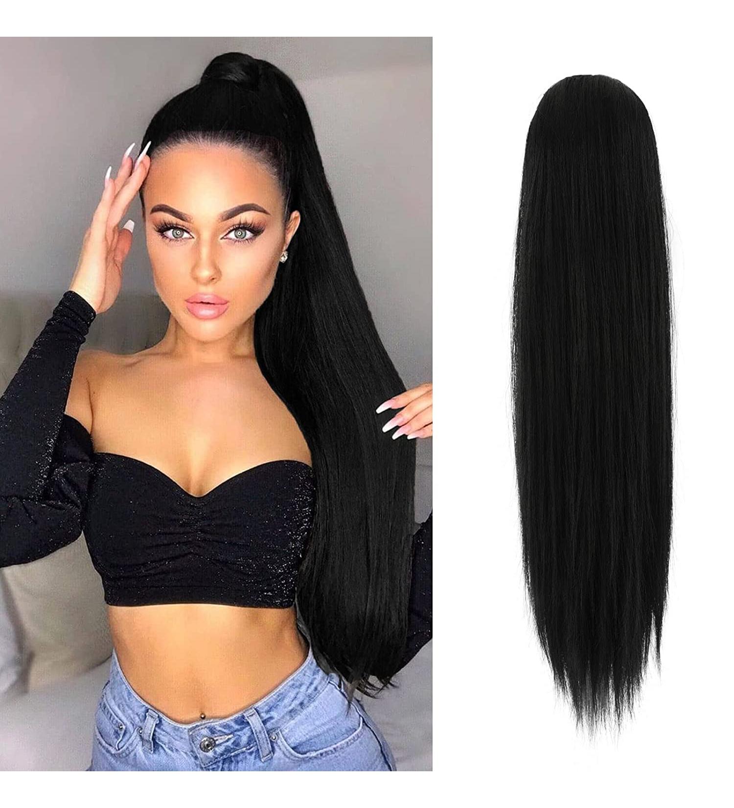65cm Black Straight Wrap Around Ponytail Extension | 125g Synthetic Hairpiece for Women - International Shipping Available - Buy Online on GoSupps.com