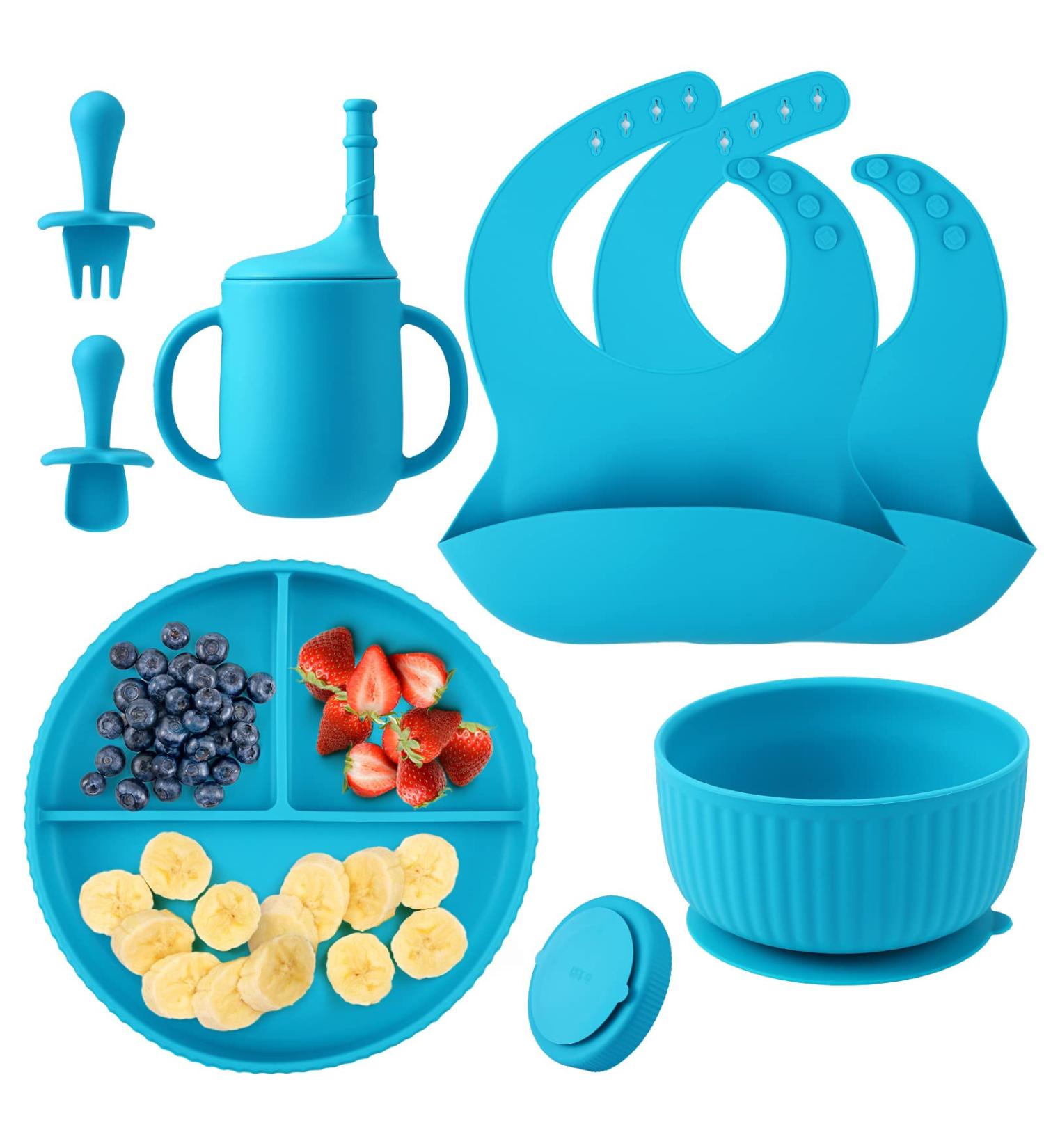 Baby Feeding Set - Silicone Bib, Suction Divided Bowl, Spoon, Fork - Toddler Utensils for Baby Led Weaning - Blue (6 Months) - Buy Online on GoSupps.com