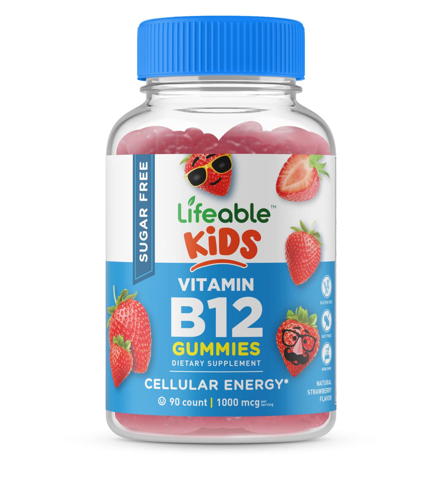 Lifeable Kids Sugar Free Vitamin B12 Gummies - 1000 mcg - Gluten Free Vegetarian GMO-Free Chewable - Energy Mood Metabolism Support - 90 Count - Buy Online on GoSupps.com