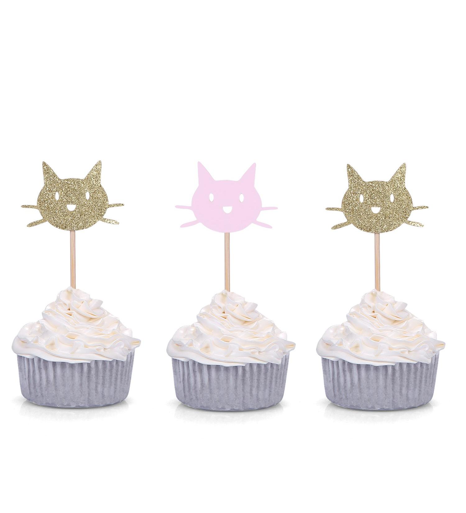 24 CT Gold and Pink Cat Cupcake Toppers - by Giuffi