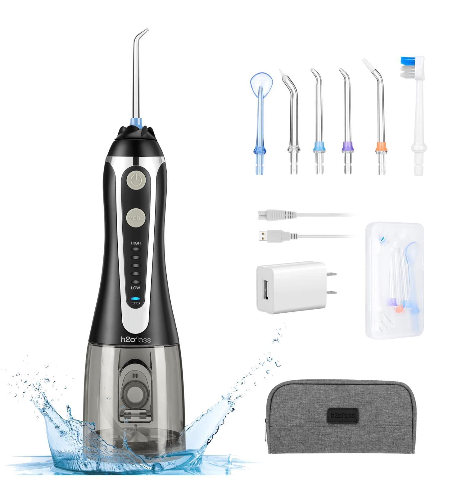 Water Dental Flosser - H2ofloss Cordless Oral Irrigator for Braces & Travel, Waterproof with 6 Nozzles - Black - Buy Online on GoSupps.com