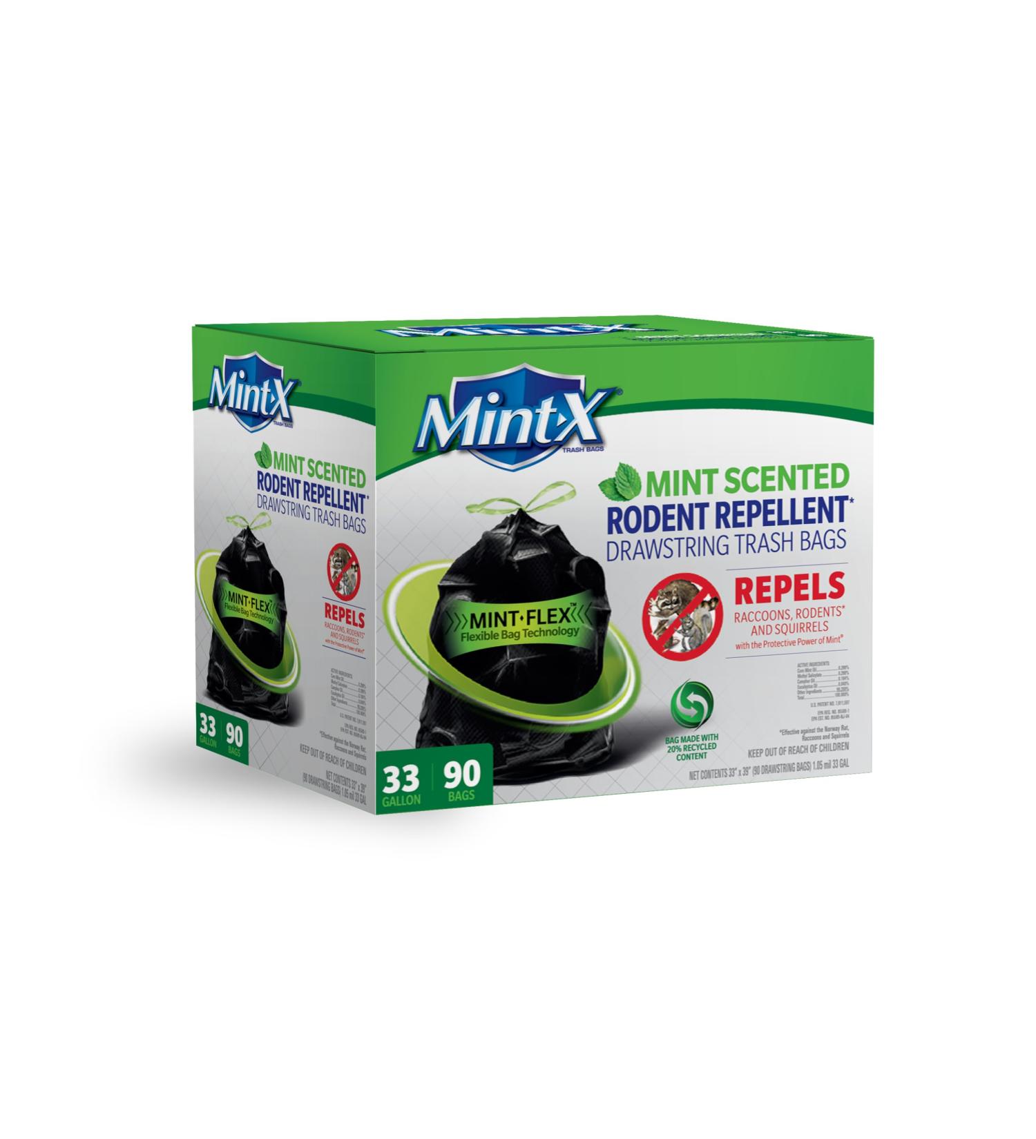Mint-X Rodent Repellent Outdoor Home and Industrial Trash Bags with Drawstring & Mint-Flex Technology 33 Gallon 90 Count Black 90 count (Pack of 1) Trash Bags - Buy Online on GoSupps.com