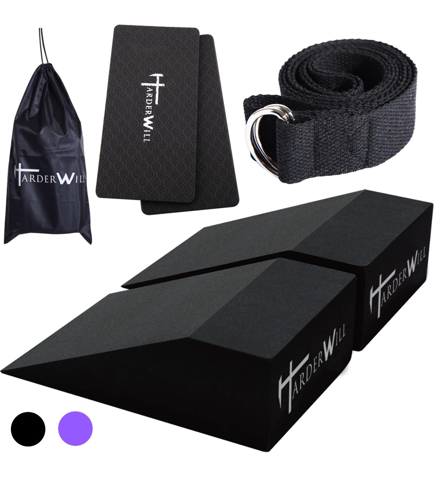 Yoga Foam Wedge Blocks (Pair) - Calf Raise, Stretcher, Wrist Support, Balance, Fitness - Black with Gym Bag, Strap and Knee Pads - Buy Online on GoSupps.com