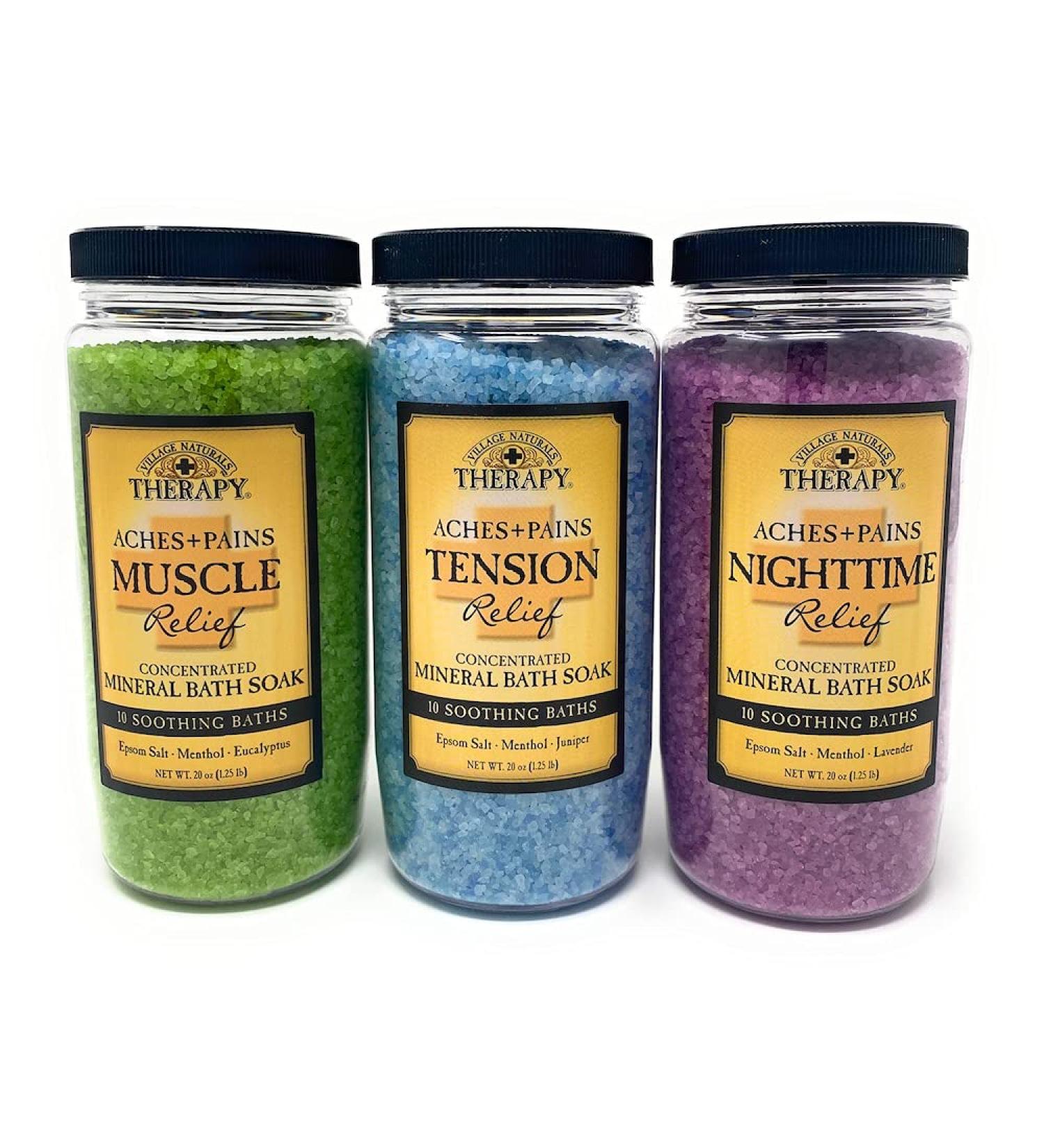 Village Naturals Therapy Mineral Bath Soak 3 Pack - Restless Nights, Aches & Pain, Stress & Tension (20oz Jars) - Buy Online on GoSupps.com