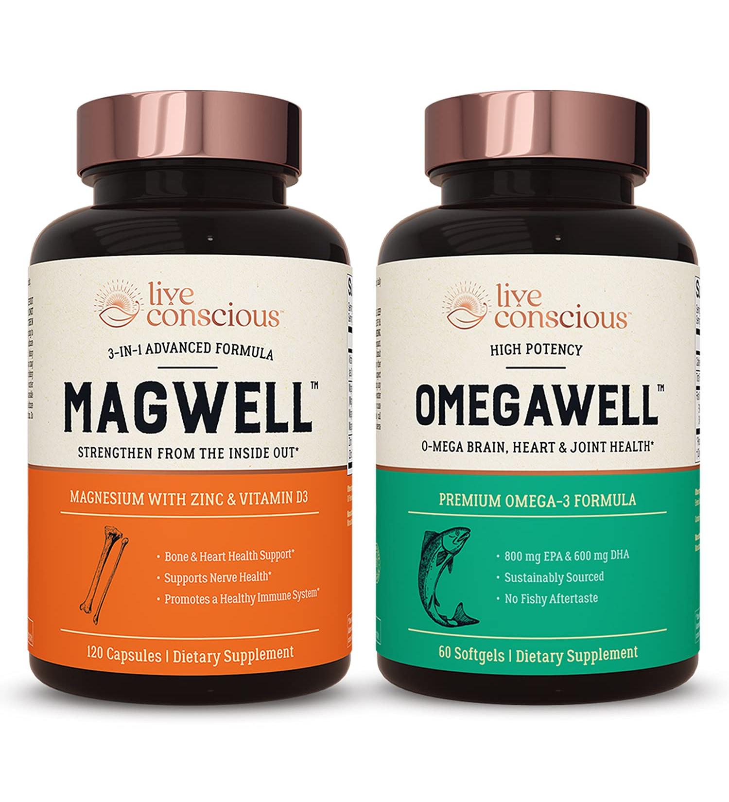 Live Conscious OmegaWell Fish Oil & MagWell: Bone & Heart Health Immune System Support + Vitamin D3, Magnesium, Zinc for Heart, Brain & Joint Health - Buy Online on GoSupps.com