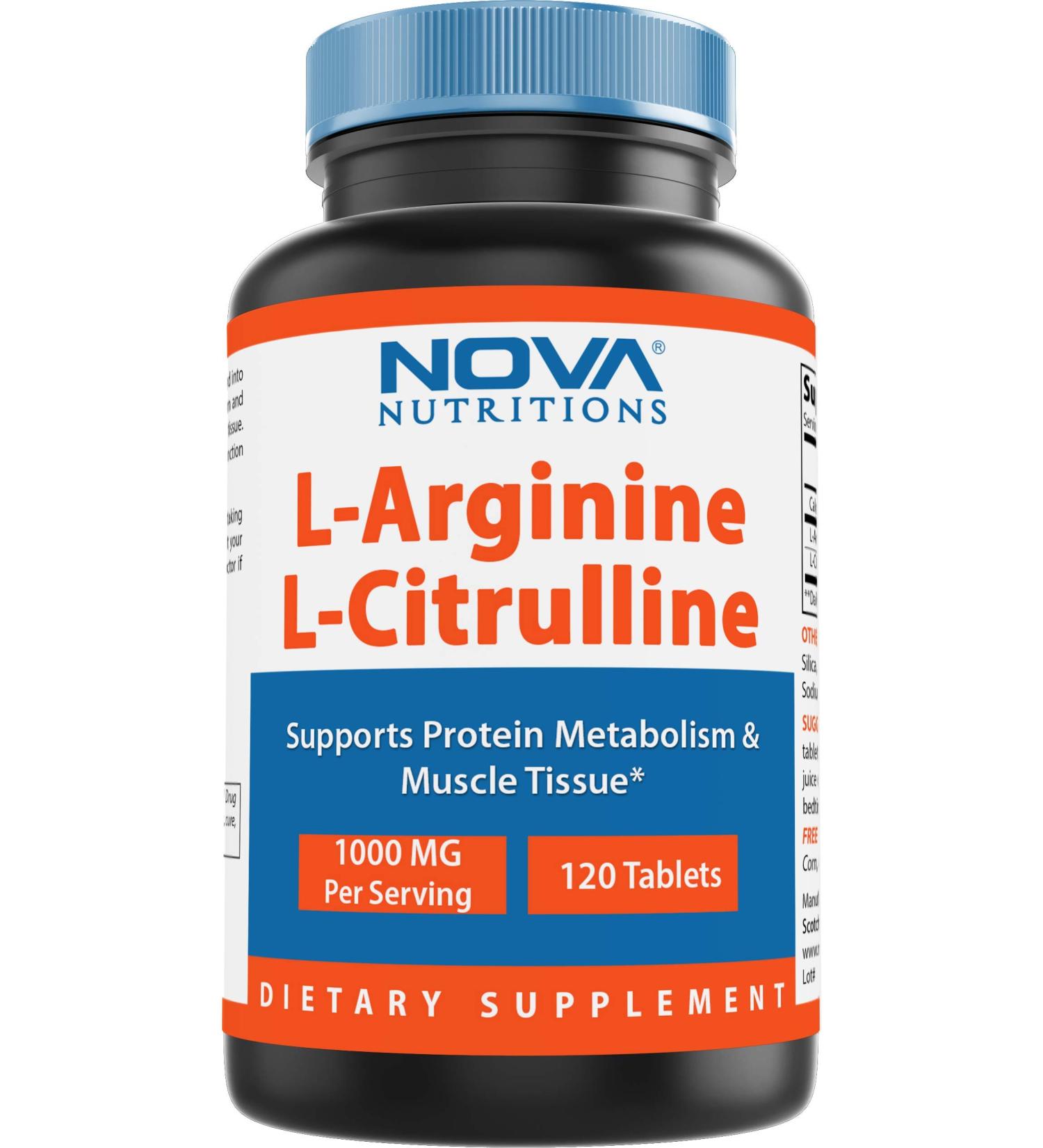 Nova Nutritions L-Arginine L-Citrulline 1000mg - Muscle Relaxation Support - 120 Tablets - Buy Online on GoSupps.com