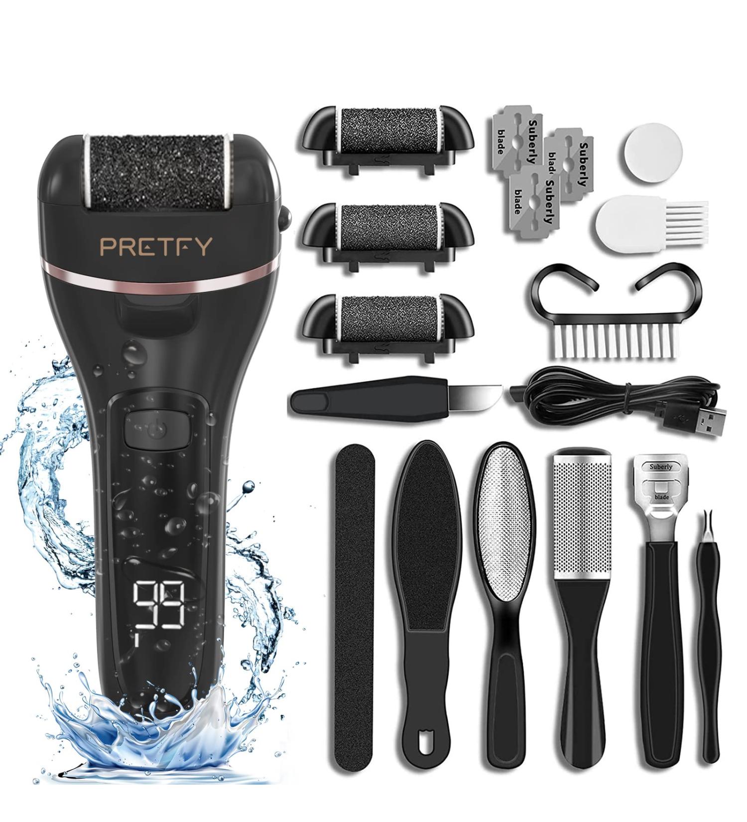 Pretfy Electric Foot File - Rechargeable & Waterproof Callus Remover for Dead, Hard, Cracked Skin - 3 Rollers, 2 Speeds - Pedicure Tool Kit - Buy Online on GoSupps.com