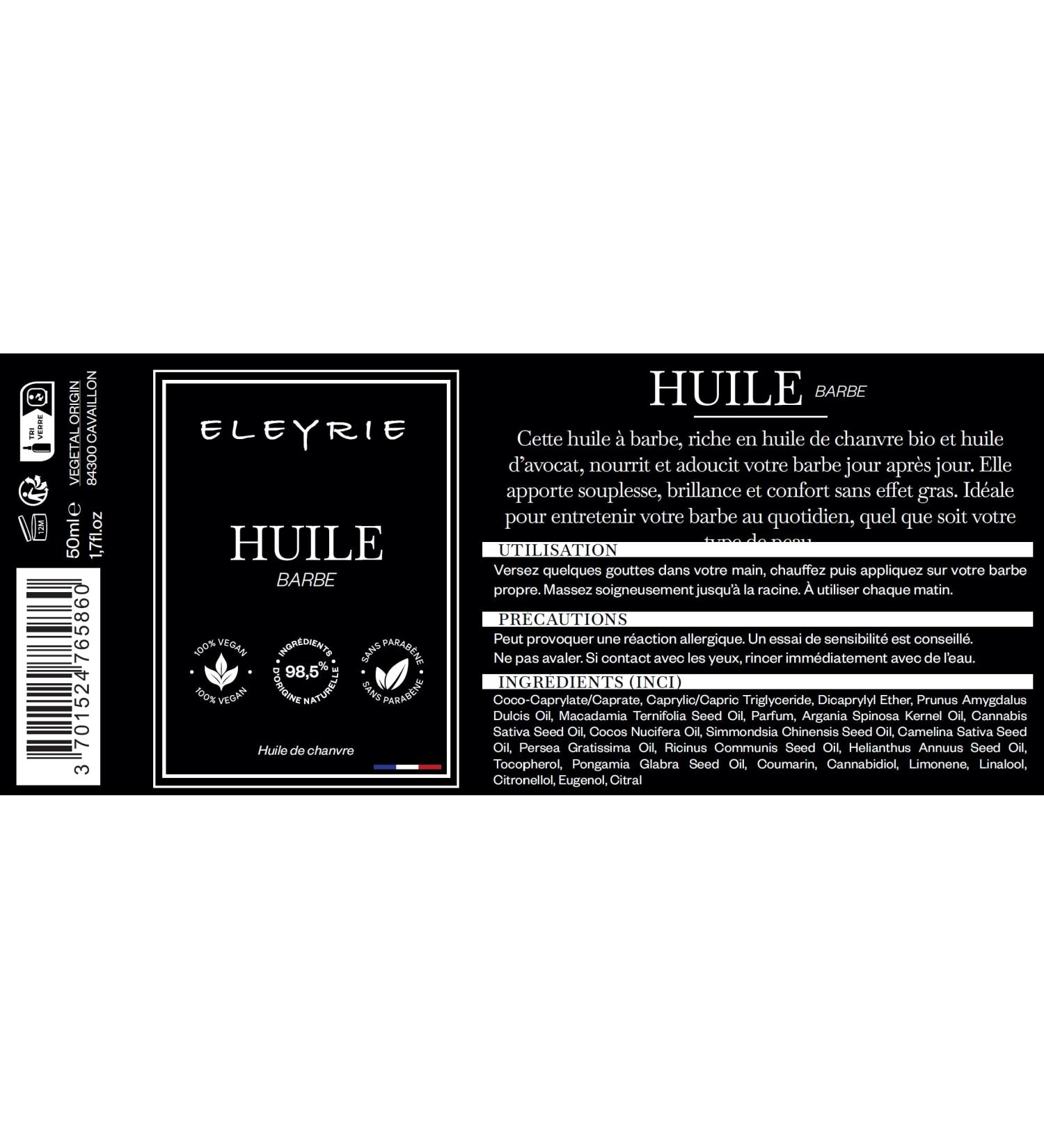 Huile Barbe Naturelle 98 5% d Ingr dients Naturels 100% Vegan l Huile de Chanvre Bio et d Avocat Nourrit Adoucit Fait Briller la Barbe sans Effet Gras Soin Made in France 50 ML - Buy Online on GoSupps.com