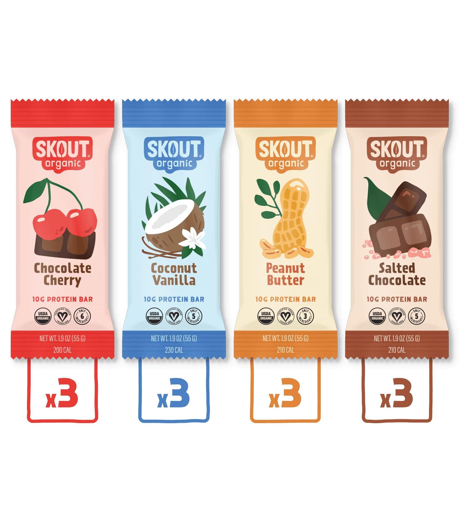 Skout Organic Plant-Based Protein Bars Variety Pack (12 pack) - 10g Protein, Vegan, 7 Ingredients, Gluten/Dairy/Grain/Soy Free - Easy Snack - 12 Count - Buy Online on GoSupps.com