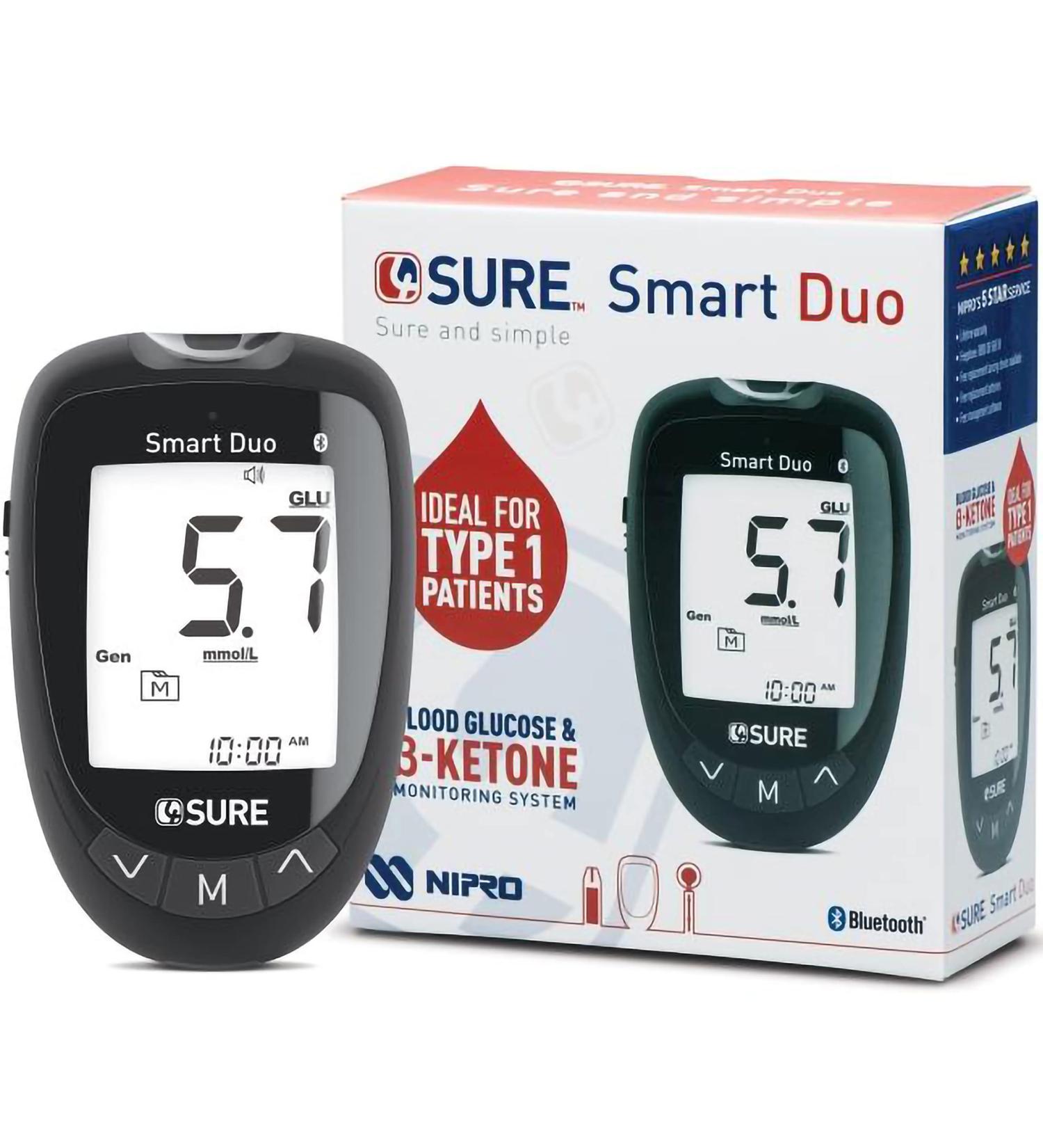 Nipro 4SURE Smart Duo Blood Sugar Test Kit for Type 1 & Type 2 Diabetes - Accurate Glucose & Ketone Monitoring with Smartphone Connectivity - Buy Online on GoSupps.com