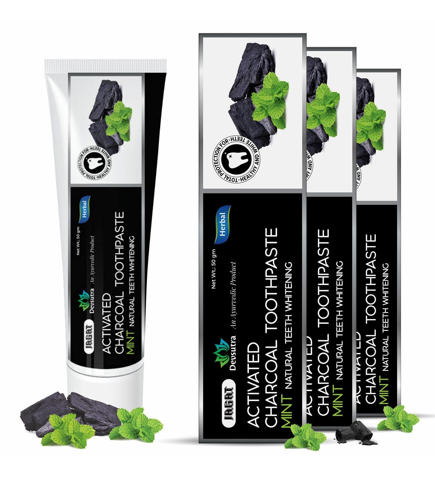 Jagat Activated Charcoal Mint Toothpaste - Fluoride Free Herbal Whitening | Natural Teeth Whitening, 100% Vegan - Pack of 3 (3.5oz X 3) - Buy Online on GoSupps.com