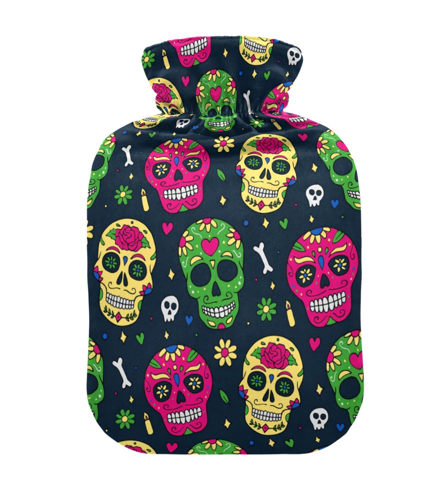 Hot Water Bottle with Cover - Dead Sugar Skull Halloween Design for Pain Relief & Hand Warmth - 2 Liter Comfort Solution - Buy Online on GoSupps.com