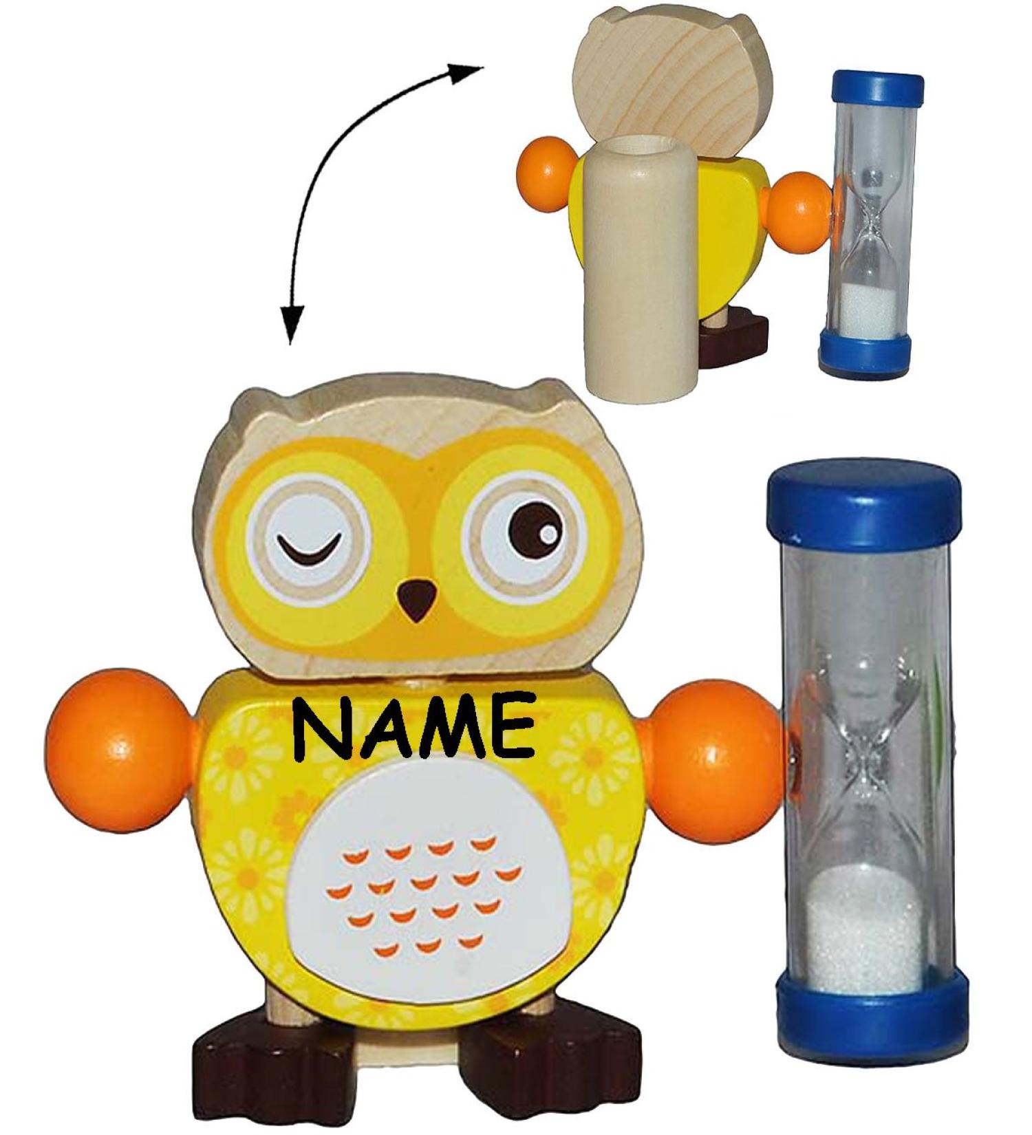 all-meine.de GmbH 2 pieces tooth cleaning clocks/toothbrush holder - funny owl - yellow - including name - with hourglass - made of wood for the toothbrush - children & adults/girls .. 2 pieces - with names