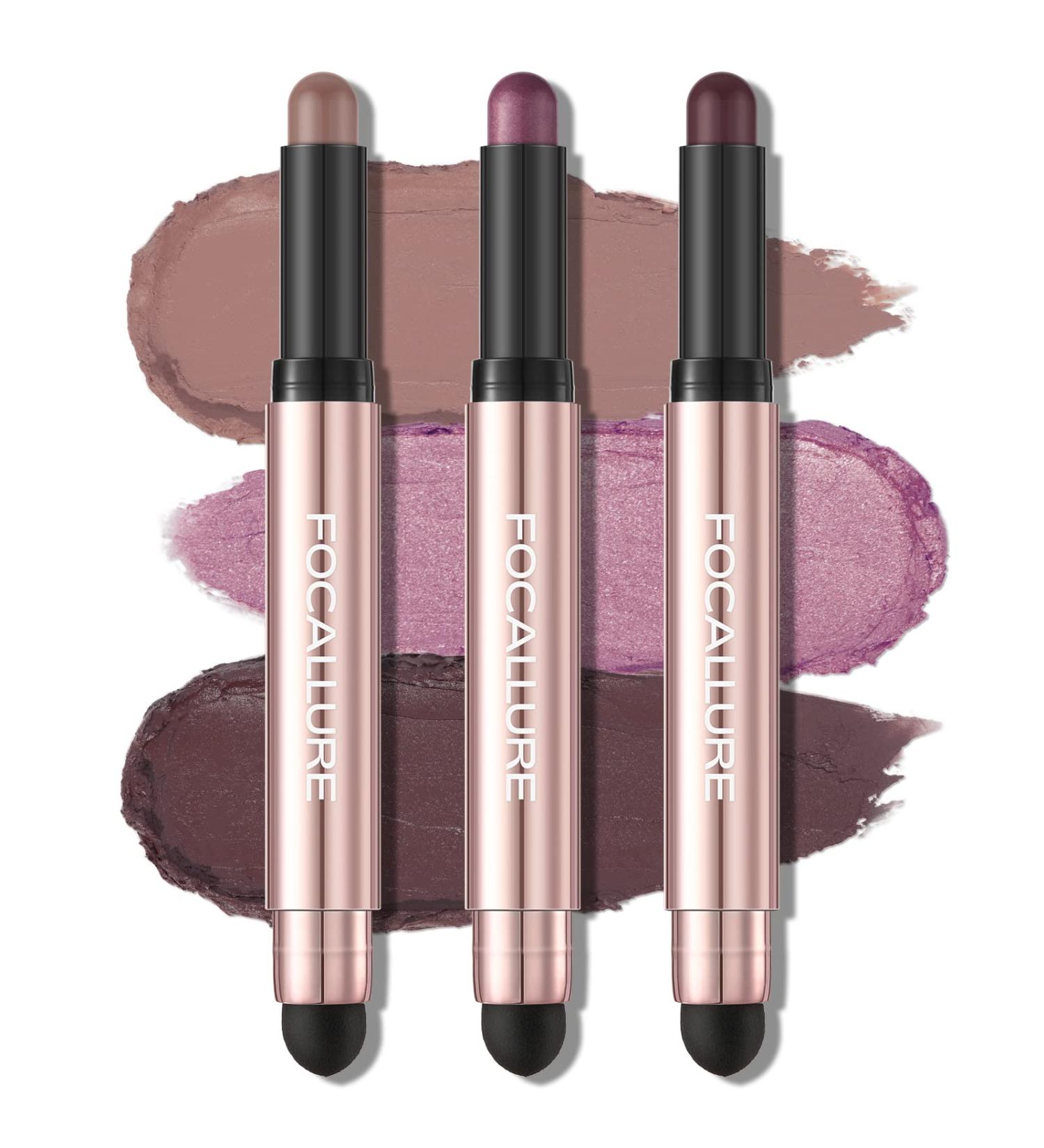 FOCALLURE 3 Pcs Eyeshadow Sticks Set - Shimmer & Matte Shades with Blending Sponge Brush | Long-Lasting Waterproof Formula | Cream Eye Highlighter Pen for Brightening - Makeup Limerence - Buy Online on GoSupps.com