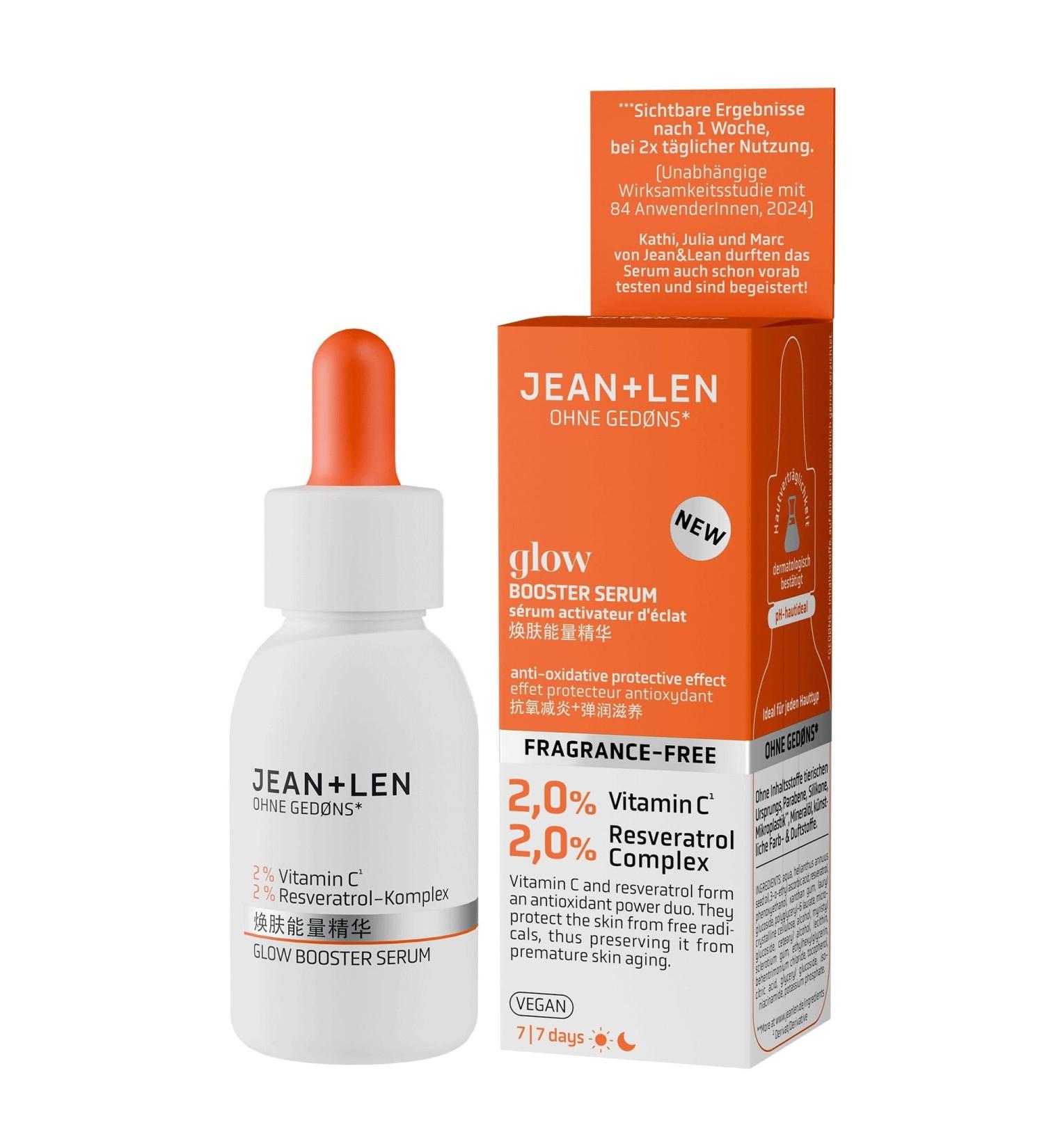 Jean & Len Glow Booster Serum restores radiance to dull skin facial serum with vitamin C derivative & resveratrol complex for more even skin texture 30 ml - Buy Online on GoSupps.com
