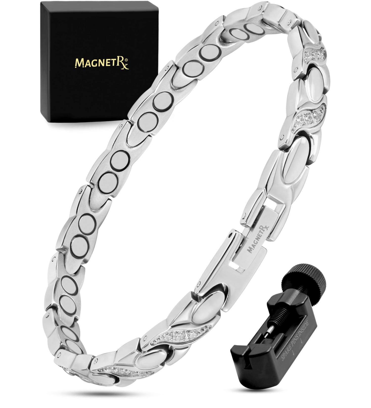 Magnetrx Ultrastarkes Magnet Hardship Bracelet for Women | Double Magnet Stainless Steel & Crystal Adjustable Bracelet with Size Tool - Silver - Buy Online on GoSupps.com