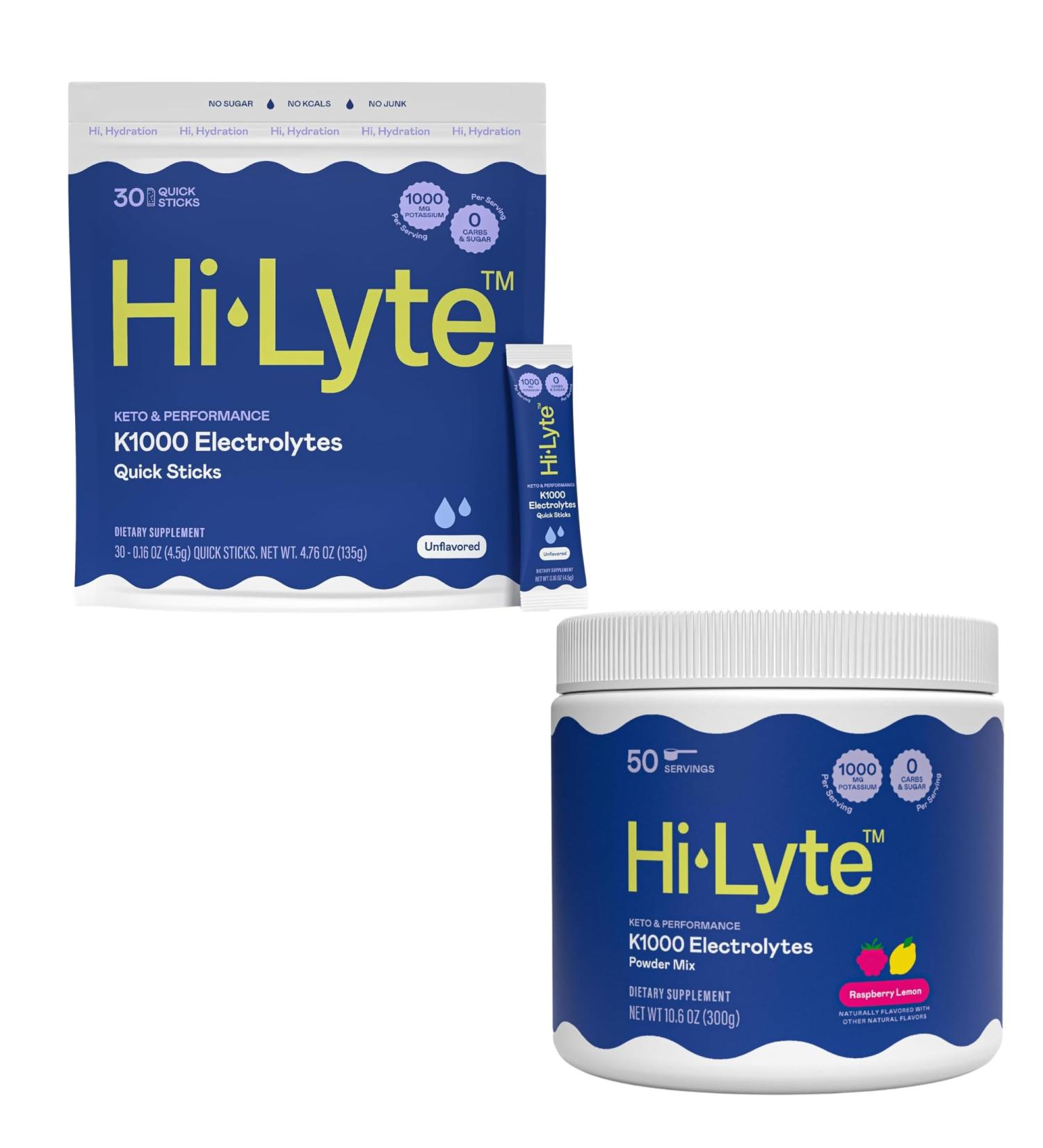 Hi-Lyte Hydration Bundle - Keto K1000 Unflavored Electrolyte Packets (30 Servings) and Keto K1000 Raspberry Lemon Electrolyte Powder (50 Servings) - Buy Online on GoSupps.com