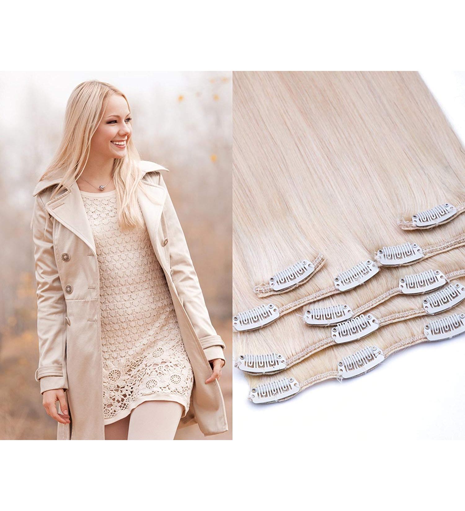 Clip In Extensions Set - 100% Real Hair 7 Pieces 70g 55cm Color #60 White Blonde - International Shipping Available - Buy Online on GoSupps.com