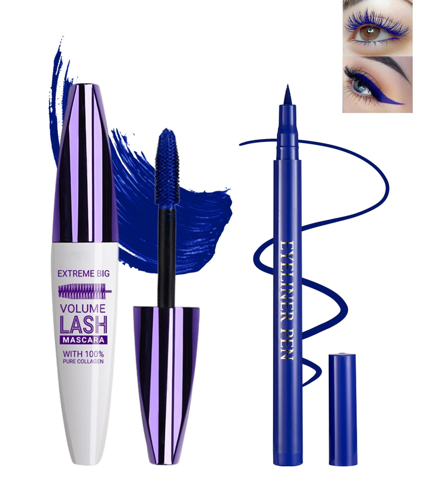 Blue Voluminous Mascara & Waterproof Eyeliner Pen Set- Smudge-Proof Long-Lasting Colored Mascara Liquid Matte Eyeliner 5D Lengthening Curling Thick Lashes Color Mascara Tubing Women Vegan Eye Makeup - Buy Online on GoSupps.com