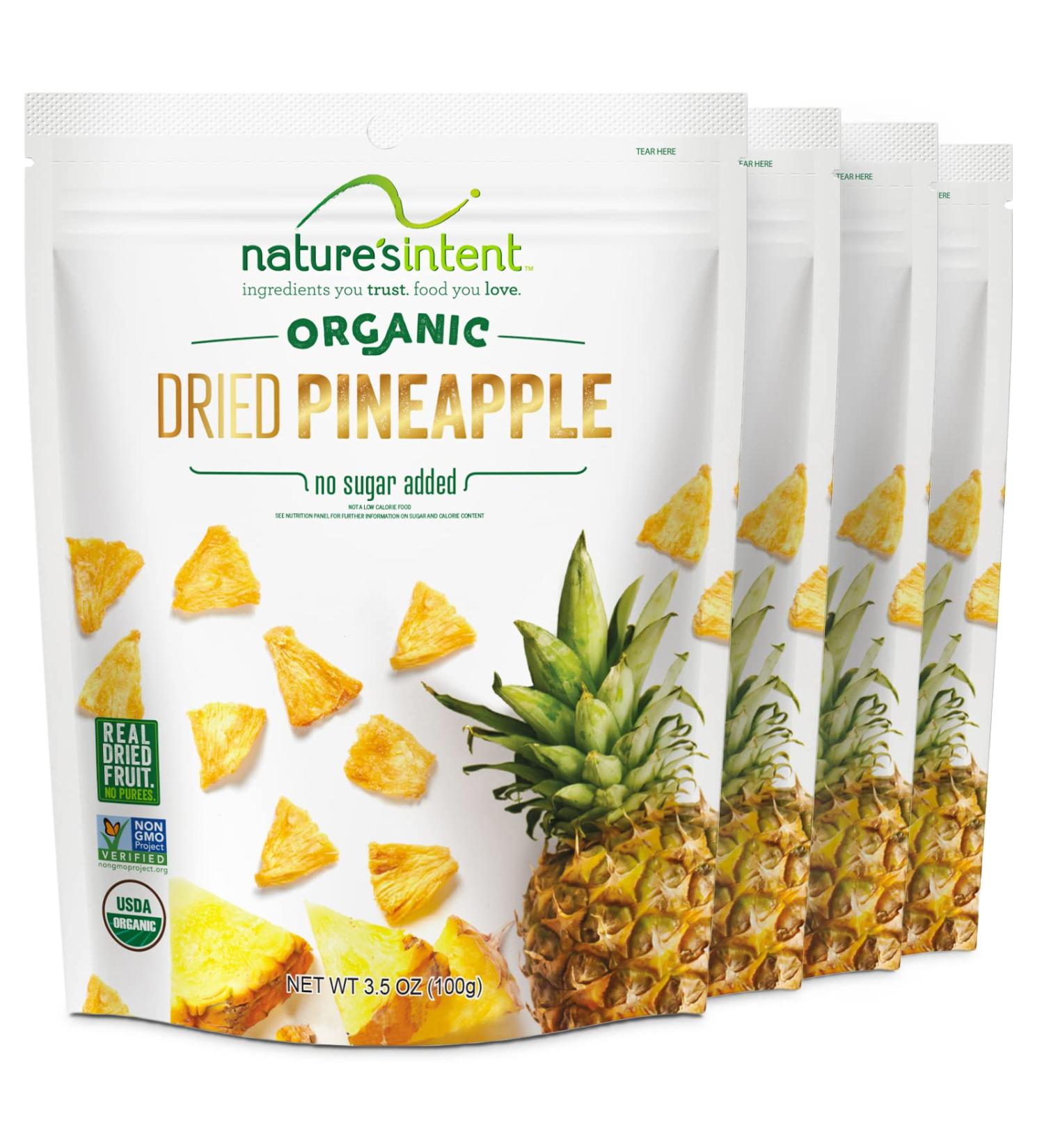Nature's Intent Organic Dried Pineapple - 4 Pack x 3.5 oz - Healthy Vegan Snack - USDA Organic, Non-GMO, Gluten-Free - Buy Online on GoSupps.com