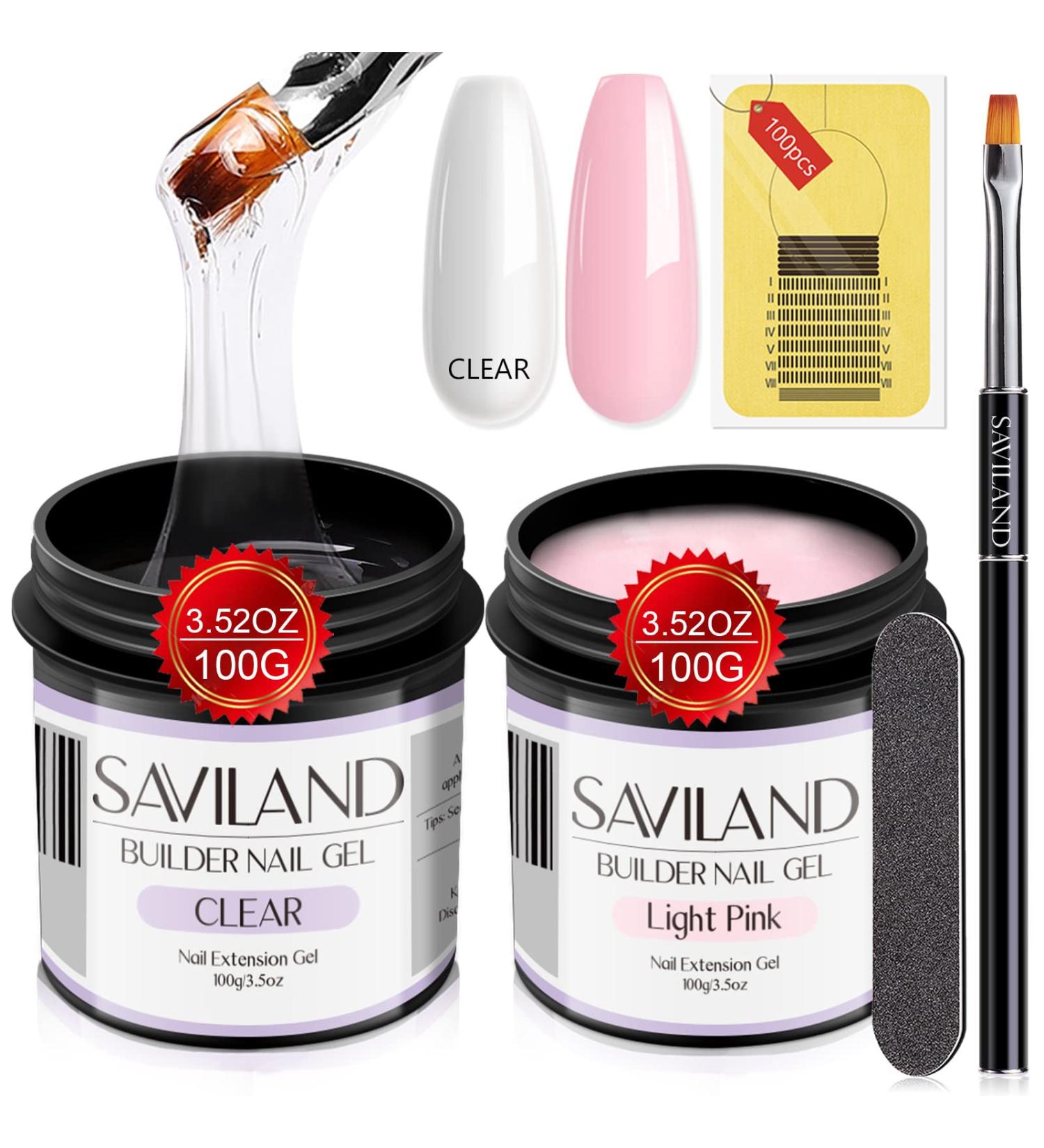 Saviland UV Gel Kit - 2 Pieces Clear & Light Pink Nail Extension & Repair Gel 3.53 oz with Nail Brush & Shapes - Large Capacity Soak-Off UV Gel Set for Perfect Nails - Buy Online on GoSupps.com