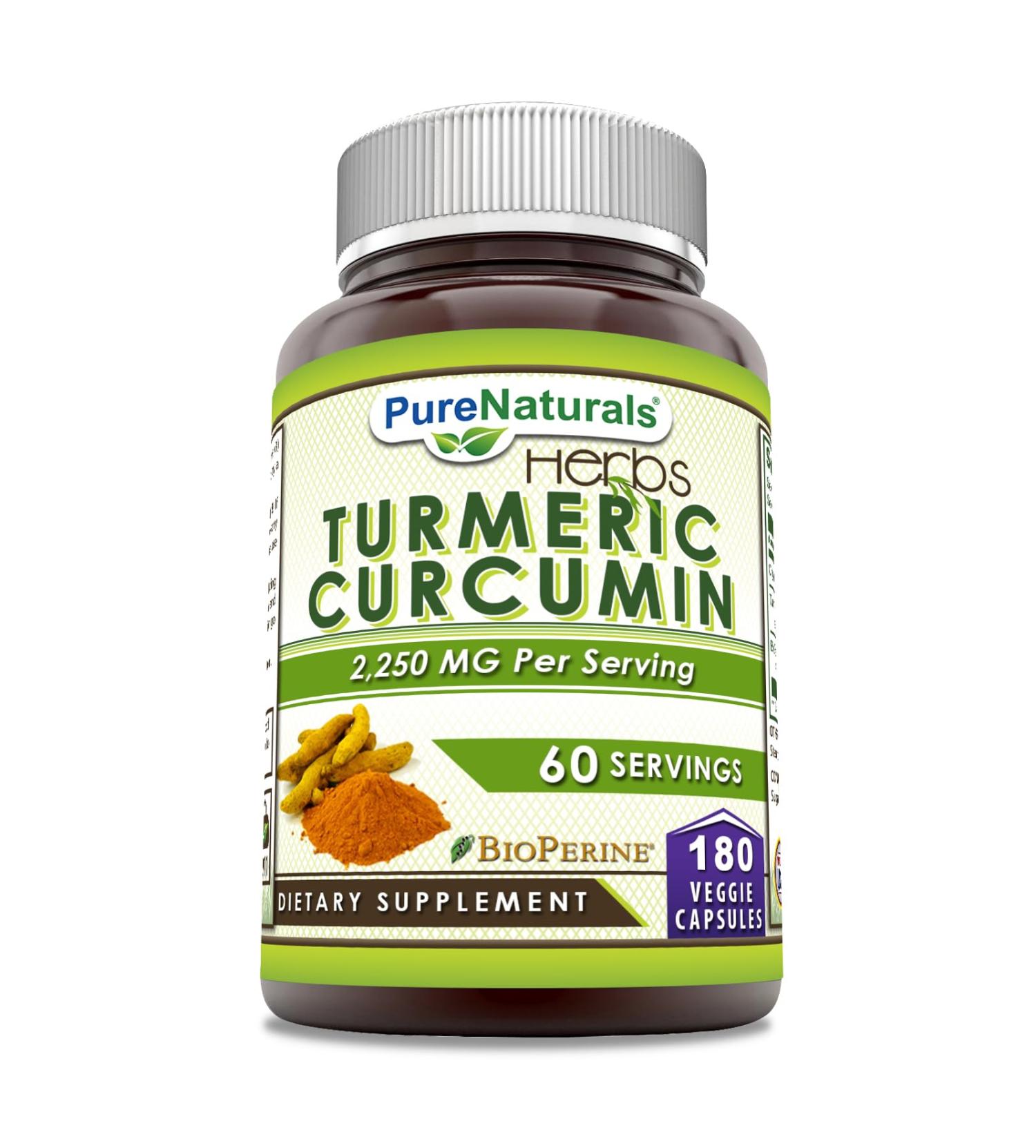 Pure Naturals Turmeric Curcumin with Bioperine 2250 mg Per Serving Supplement | Veggie Capsules | Non-GMO | Gluten Free | Made in USA (1 Pack 180 Count) 180 Count 1 Count (Pack of 1)