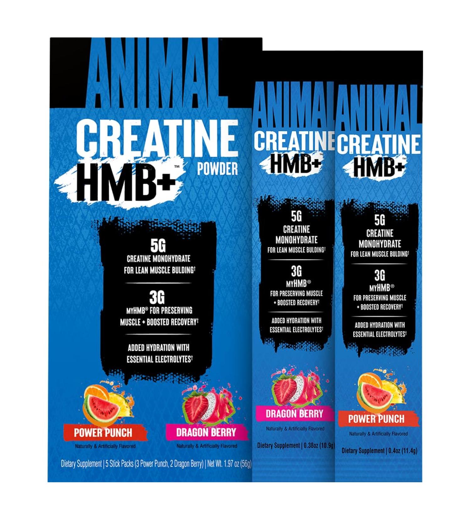 Animal Creatine HMB Powder 3g myHMB + 5g Creatine with Electrolytes for Recovery & Daily Energy Power Punch (3) and Dragon Berry (2) Stick Pack Samples 5 Servings - Buy Online on GoSupps.com