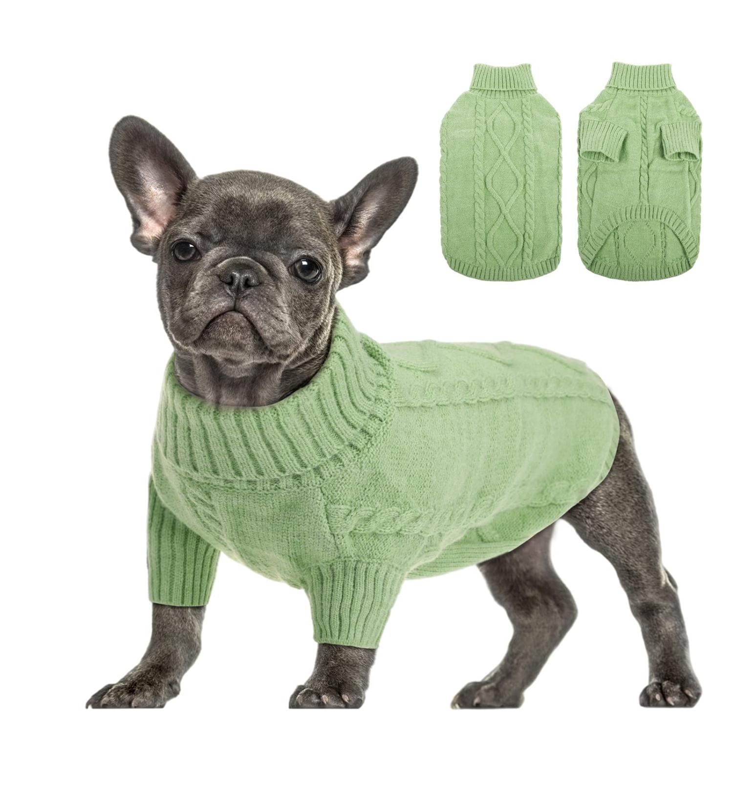 Queenmore Small Dog Cable Knit Sweater | Warm Turtleneck Pullover for Chihuahua, Bulldog, Dachshund, Pug, Yorkie - Medium Green - Buy Online on GoSupps.com
