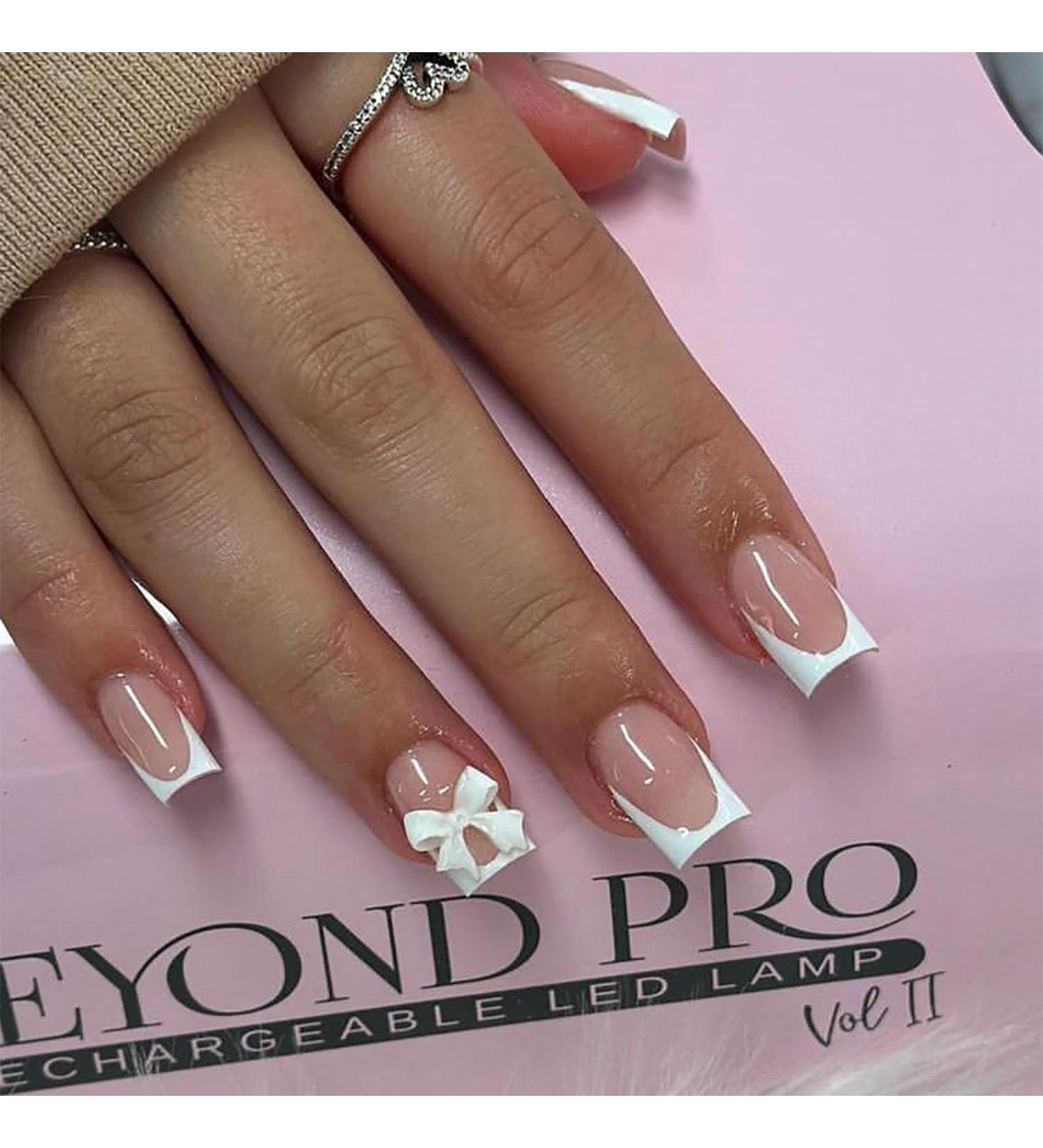 Pink Press-On Nails | Short Square Fake Nails | White French Tip Full Cover | Glossy Nude Pink | 24 Pcs for Women & Girls - Buy Online on GoSupps.com