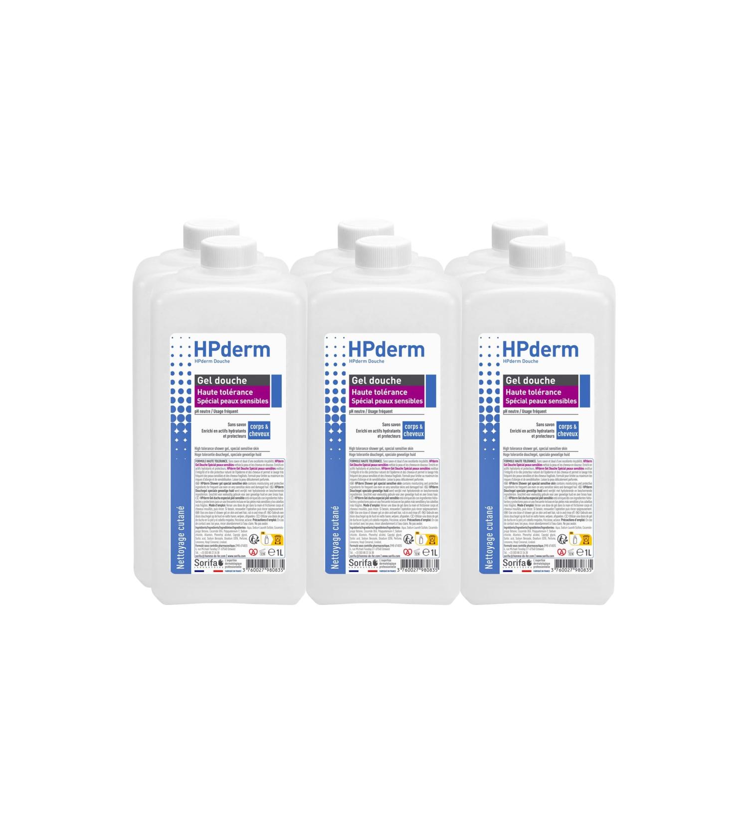  SORIFA Set of 6 - HPderm HIGH TOLERANCE shower gel - 2 in 1 body and hair - Special for sensitive skin tattooed skin weakened hair - Frequent use - pH neutral soap-free - 1L bottle - Buy Online on GoSupps.com