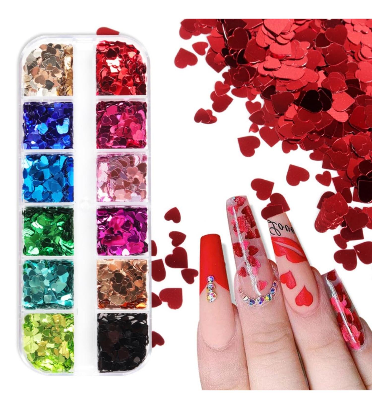 Shop Gzmayuen Heart Glitter Sequins for Valentine's Day Nail Art | 12 Colors 3D Sparkle Heart Shape Flakes & Stickers - Perfect for Nail Decoration - Buy Online on GoSupps.com