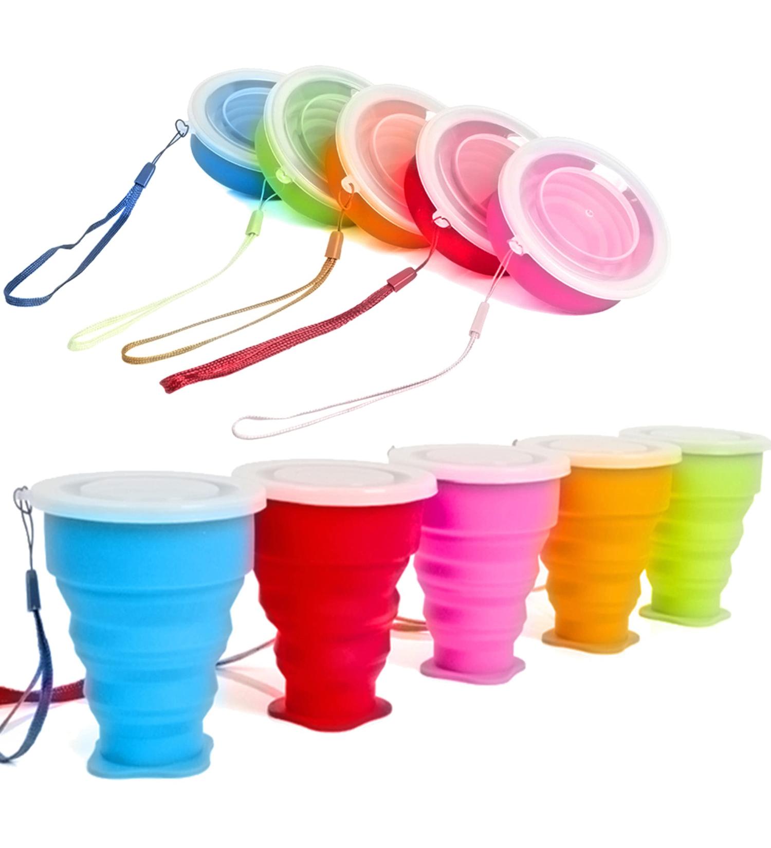 Stouge 5 Pack Silicone Collapsible Travel Water Cup Set - Outdoor Camping Mugs with Lids - Food Grade Portable Drinking Cups in Blue, Orange, Green, Pink, Red - Buy Online on GoSupps.com
