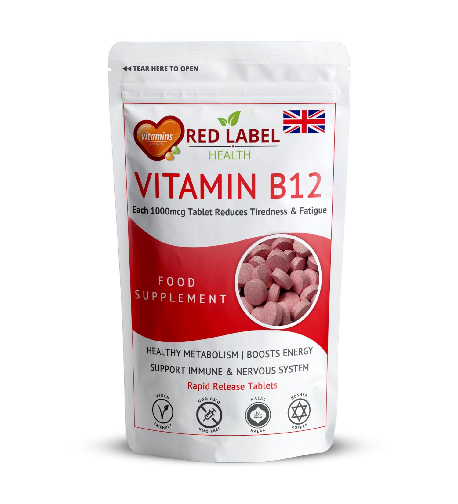 Red Label Health Vitamin B12 Tablets High Strength 1000mcg for Men & Women Pack of 360 Tablets (1 Year Supply) Methylcobalamin B12 Vitamin for Tiredness and Fatigue Vegetarian Vegan 1 count (Pack of 360) - Buy Online on GoSupps.com