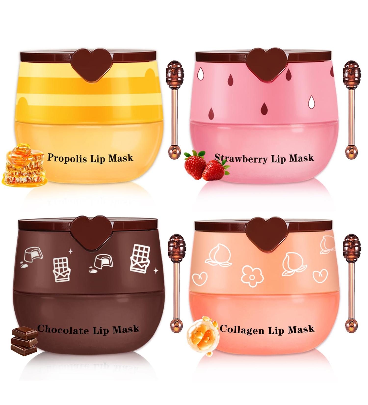 AWCCXMYM 4 PCS Bee Lip Balm Honey Pot Hydrating & Preventing Dry Honey Balm Lip Balm Honey Strawberry Collagen Chocolate Moisturizing Lip Sleeping Mask with Sticks 4pcs(Honey & Strawberry & Collagen & Chocolate) - Buy Online on GoSupps.com