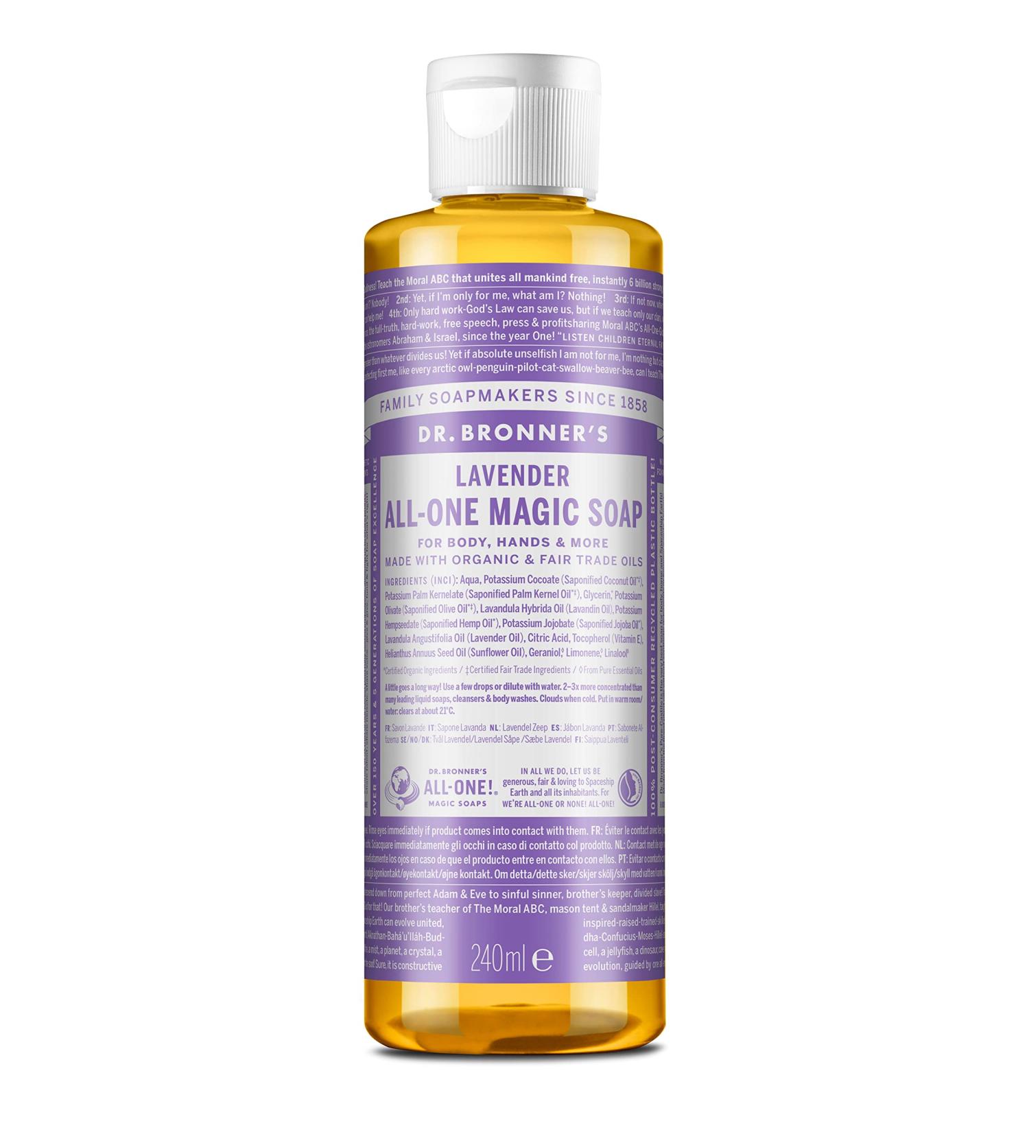 Dr. Bronner's Lavender Pure-Castile Liquid Soap - 237ml | Organic, Fair Trade, Vegan | Multi-Use for Face, Body, Hair, Dishes, and Pets - Buy Online on GoSupps.com