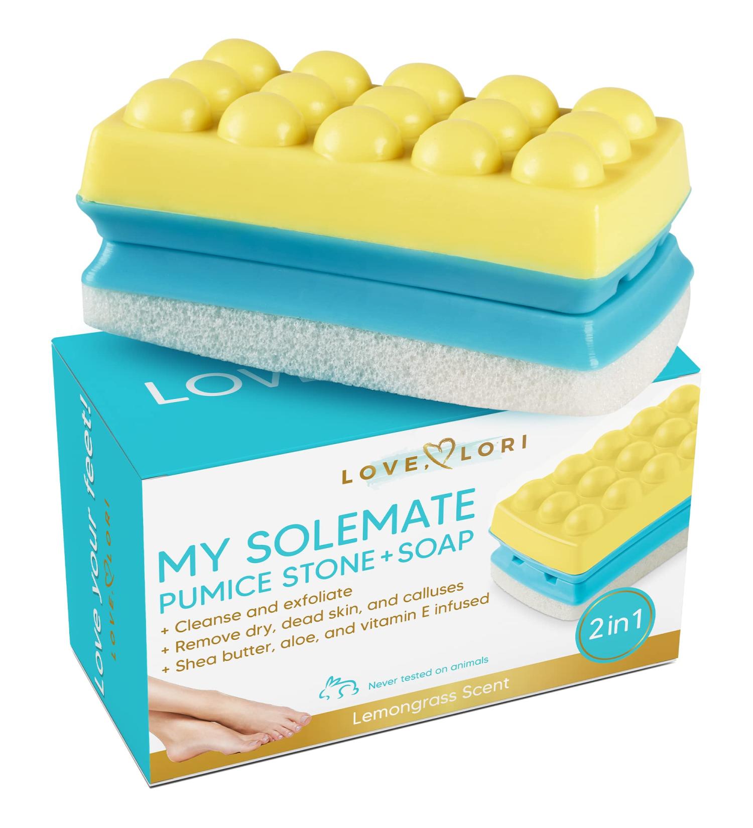 Love Lori Foot Scrubber Pumice Stone - 2-in-1 Moisturizing Soap & Callus Remover - Lemongrass Cracked Heel Treatment - Buy Online on GoSupps.com