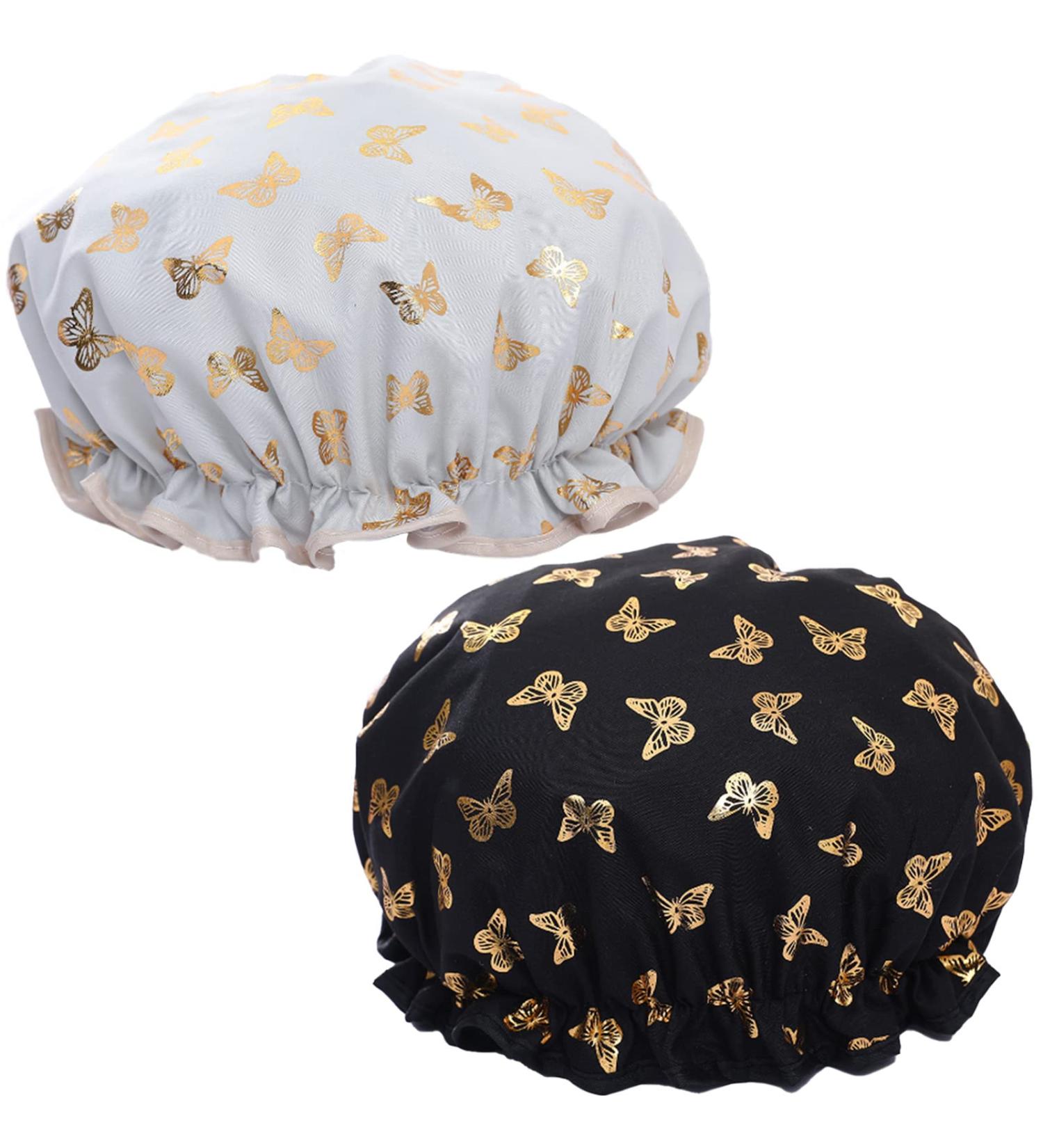 Qeuly 2 Pack Waterproof Reusable Shower Cap for Women - Black/Pale Green Butterfly Design - Buy Online on GoSupps.com
