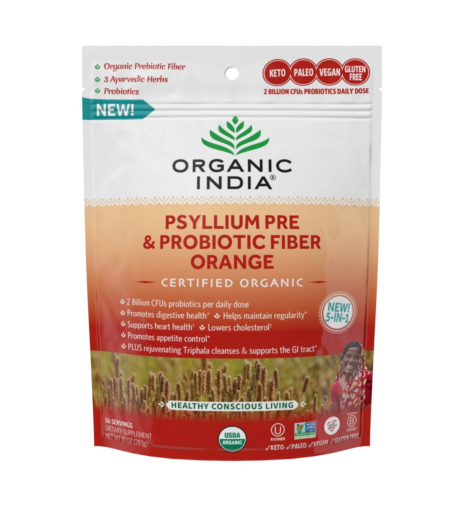 Organic India Psyllium Pre & Probiotic Fiber - Orange Flavor, 10 oz (283.5 g) - Buy Online on GoSupps.com