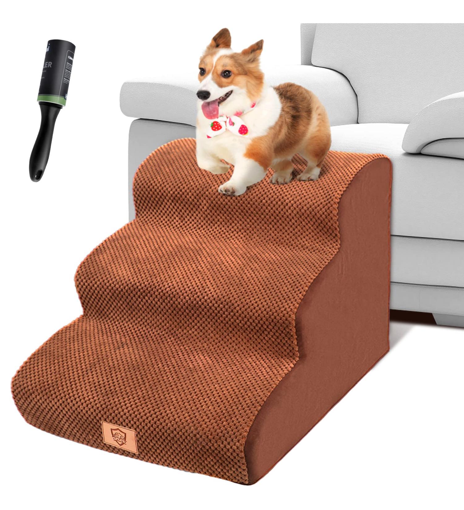 Kphico Sturdy 3 Tiers Foam Dog Stairs for High Beds - Non-Slip Pet Steps for Small Dogs & Cats - 15.7 High Dog Ramp - Extra Wide & Deep - Includes Pet Hair Remover Roller - A-Brown - Buy Online on GoSupps.com
