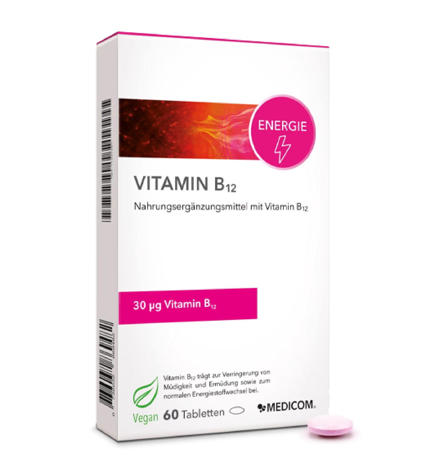 Medicom Vitamin B12 Tablets - High Dosage 30 g for Energy Immune Support & Vitality - Vegan - 60 Tablets - Buy Online on GoSupps.com