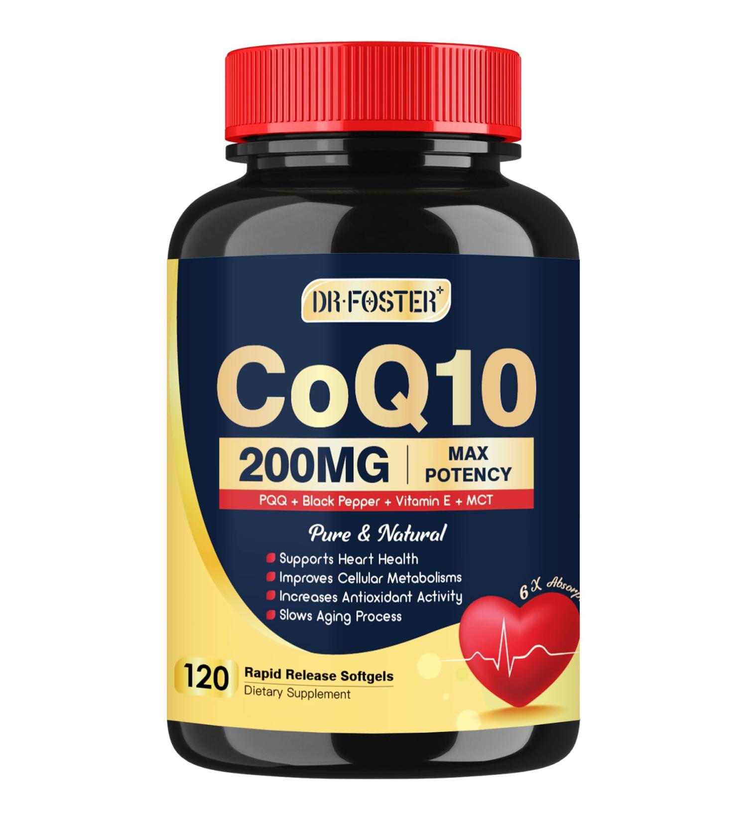 CoQ10 200mg Enhanced Absorption with Vitamin E PQQ & Black Pepper | Heart & Energy Support Supplement | 120 Servings - Buy Online on GoSupps.com