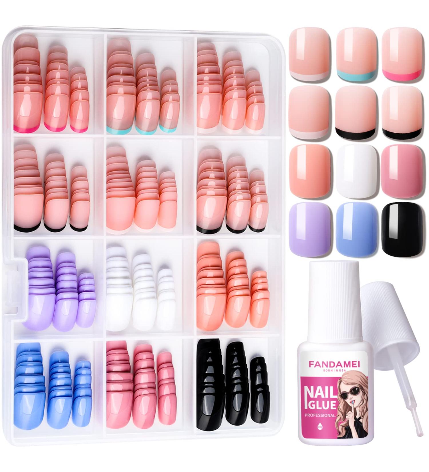 FANDAMEI 12-Pack Short Press on Nails French Tip & Glossy False Nails - Lightweight, Natural, Full Cover with Glue - Buy Online on GoSupps.com