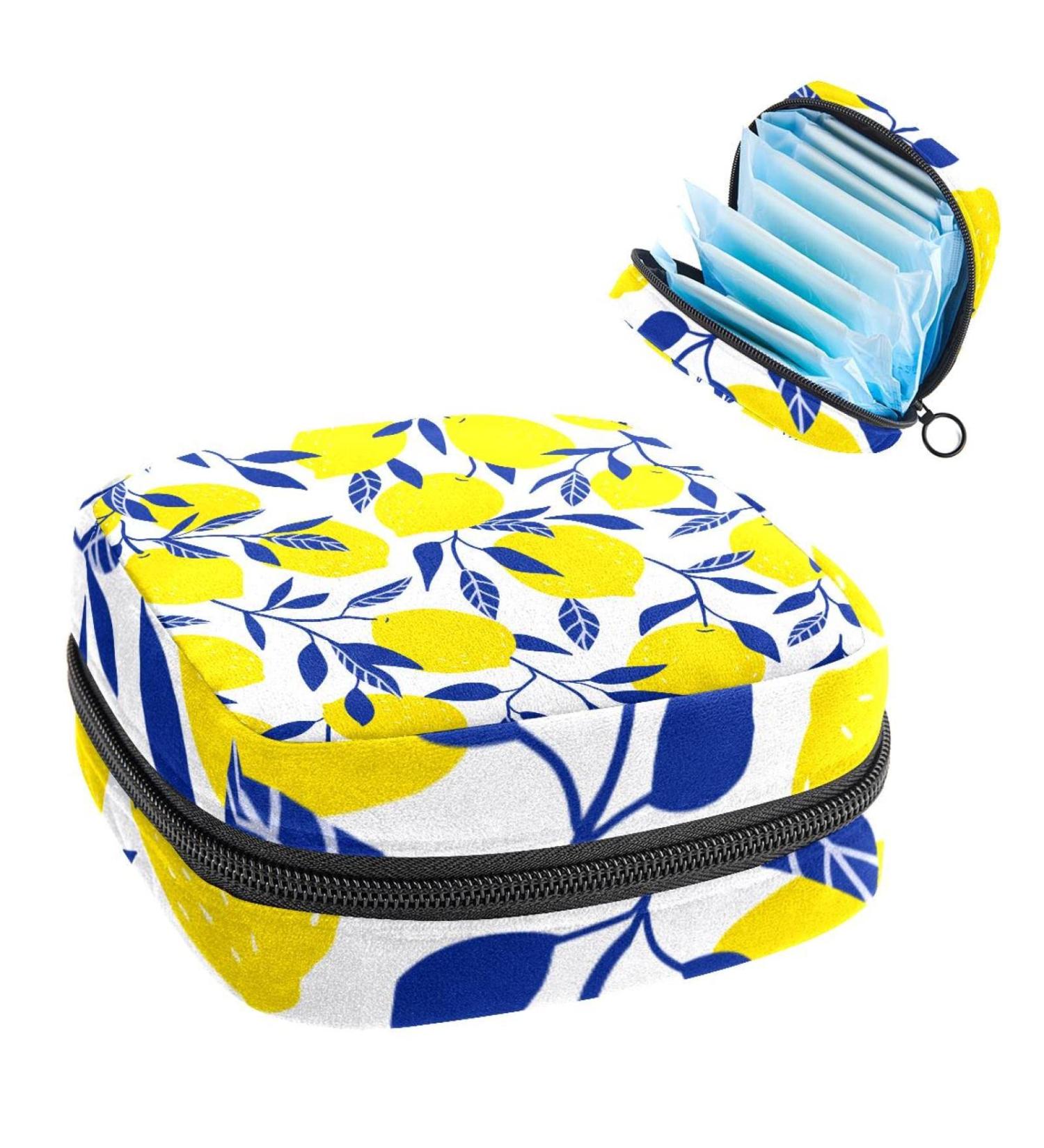Women's Portable Period Kit Bag - Lemon Blue Leaves Pattern | Stylish Storage Pockets for Feminine Products - Buy Online on GoSupps.com