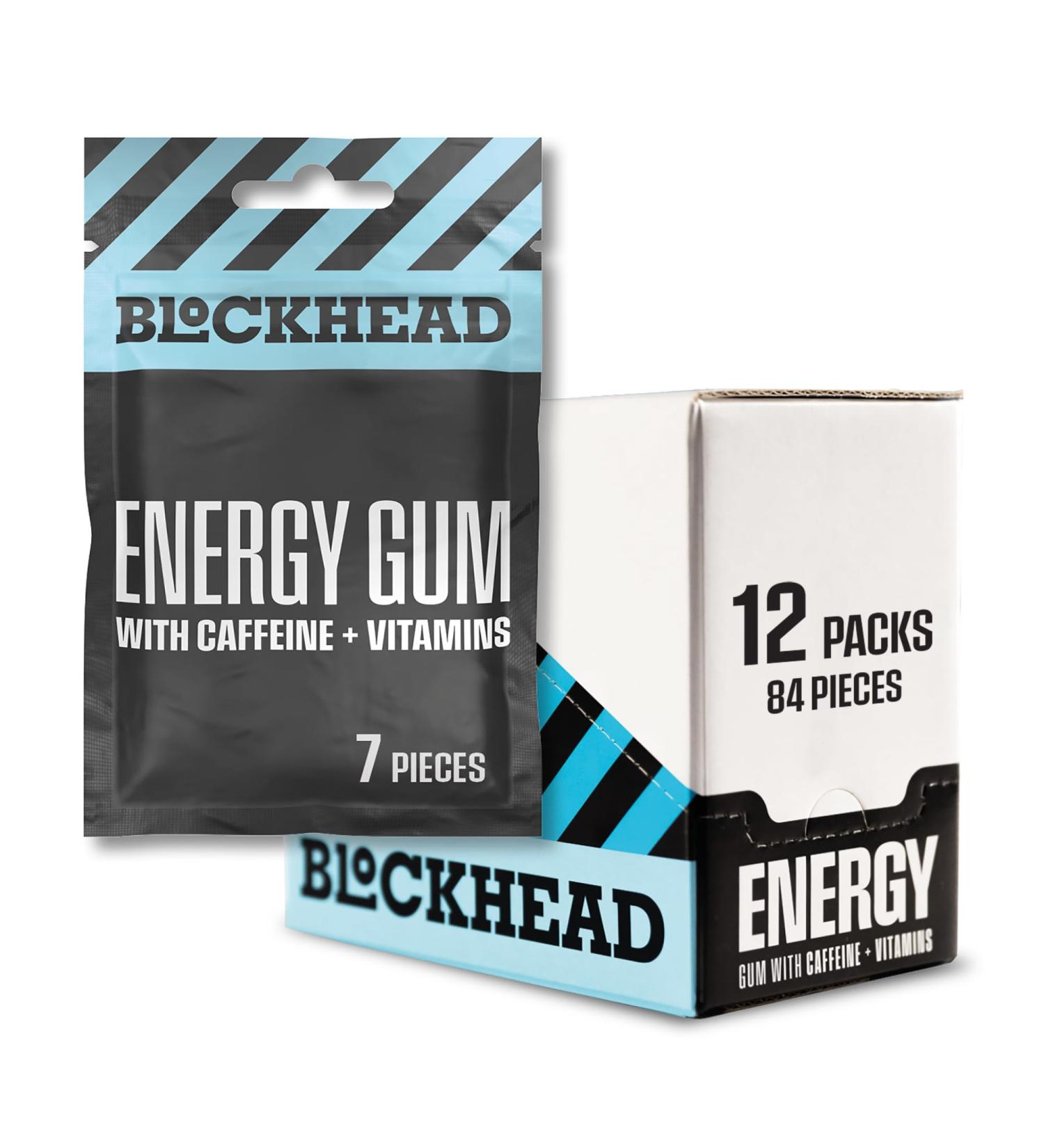 Blockhead Energy Gum - Peppermint Flavor | 84 Sugar-Free Chewing Gum with Caffeine & B Vitamins | Calorie-Free - Buy Online on GoSupps.com