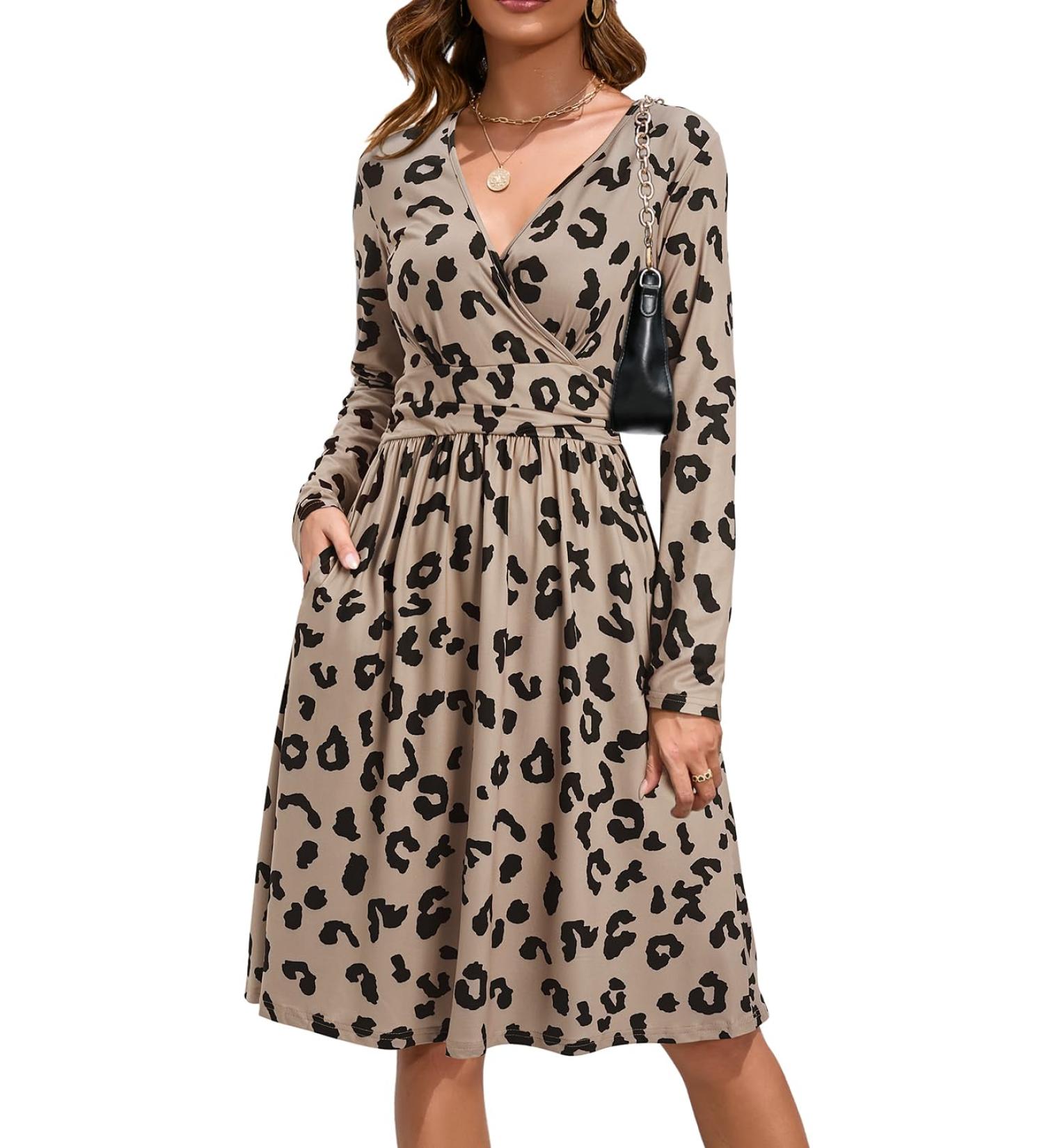 OUGES Women's Spring Casual Midi Dress - Long Sleeve V-Neck Floral Wrap Dress with Pockets - Buy Online on GoSupps.com