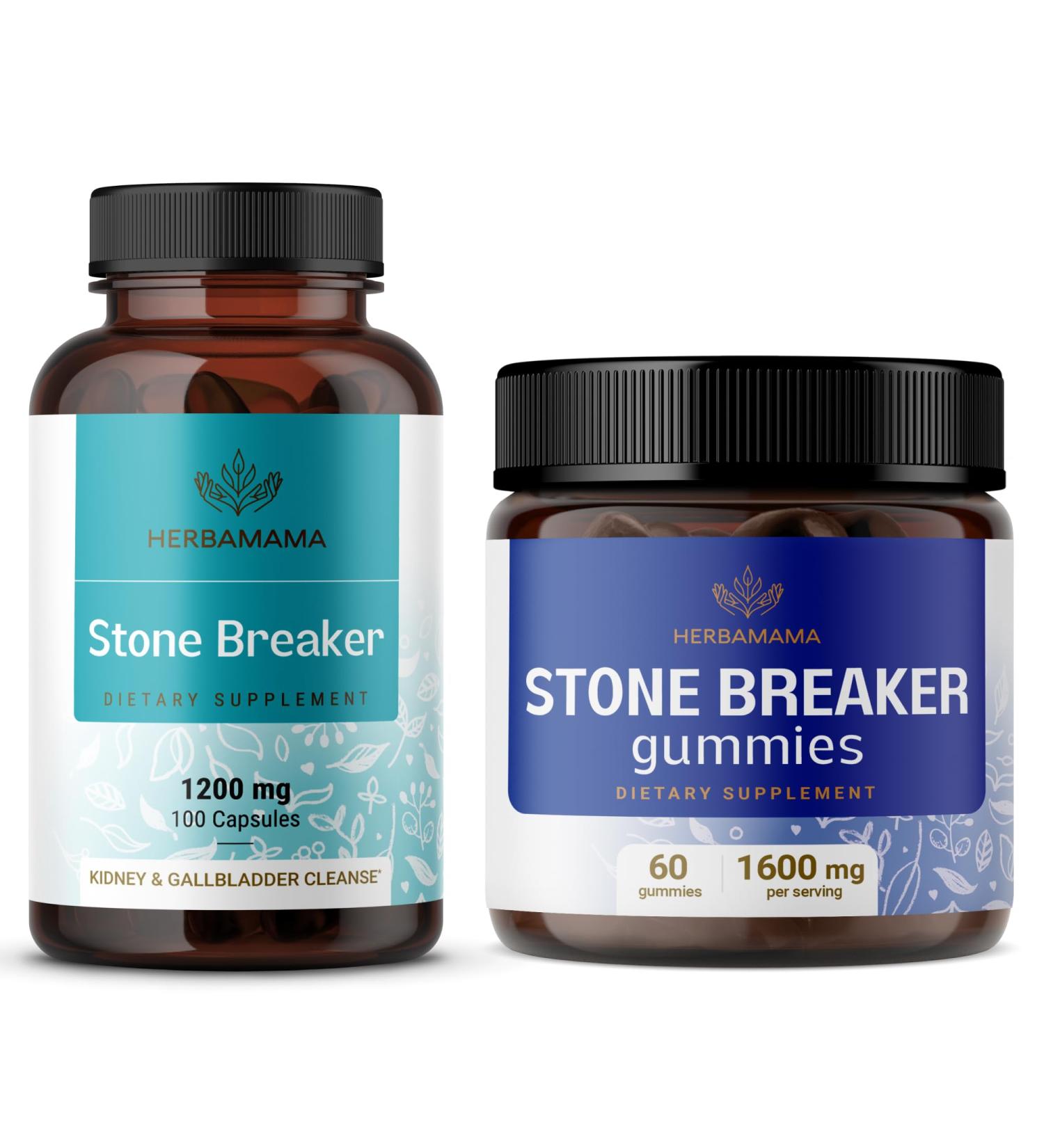 HERBAMAMA Stone Breaker Chanca Piedra Kit - Bundle of 1200 mg Stone Breaker Capsules & 1600 mg Chanca Piedra Gummies - Vegan Non-GMO Gelatin-Free - 2 Pack - Buy Online on GoSupps.com