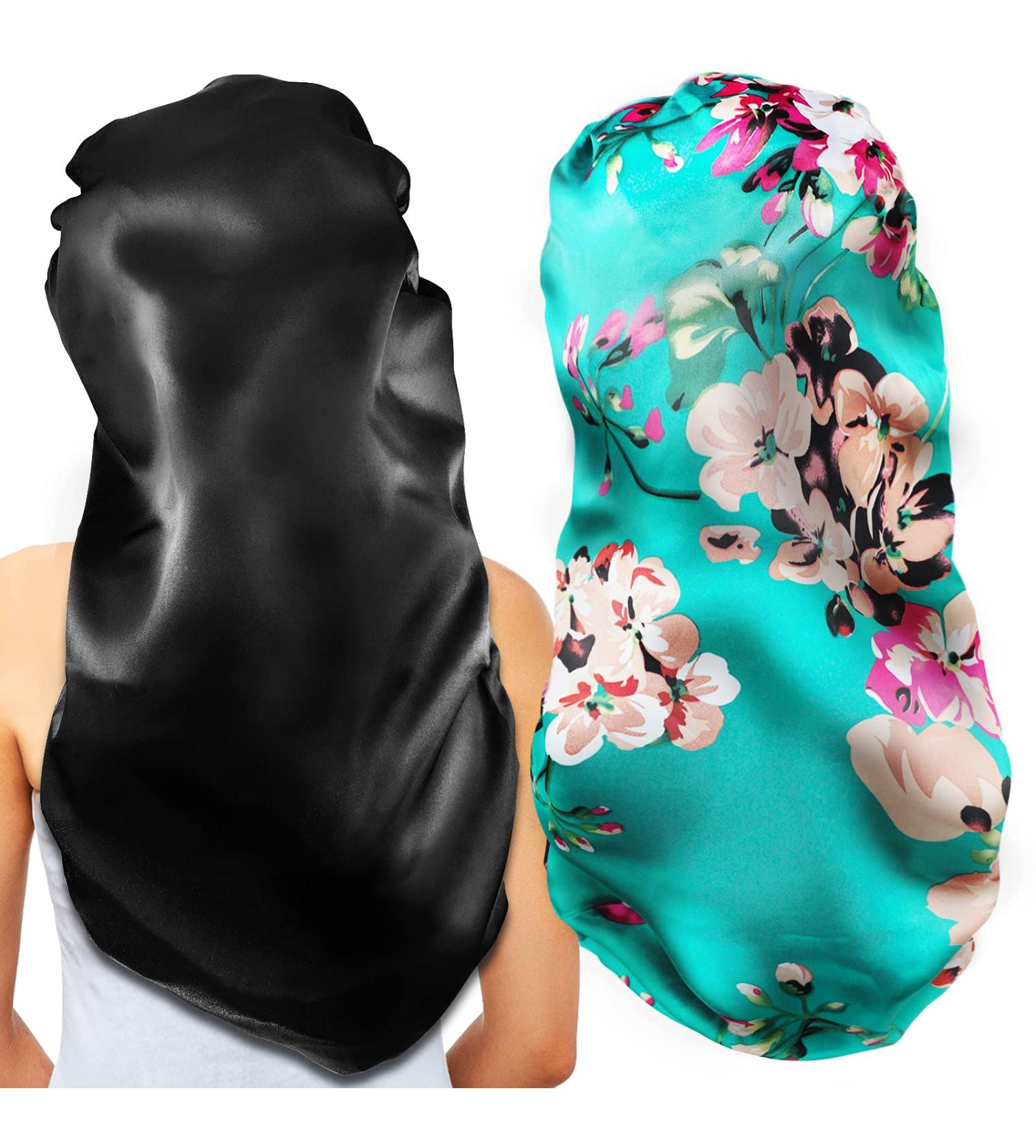 2Pcs XL Satin Bonnet Set for Sleeping | Soft & Comfortable Hair Bonnets for Women | Black+Indigo Pattern - Buy Online on GoSupps.com