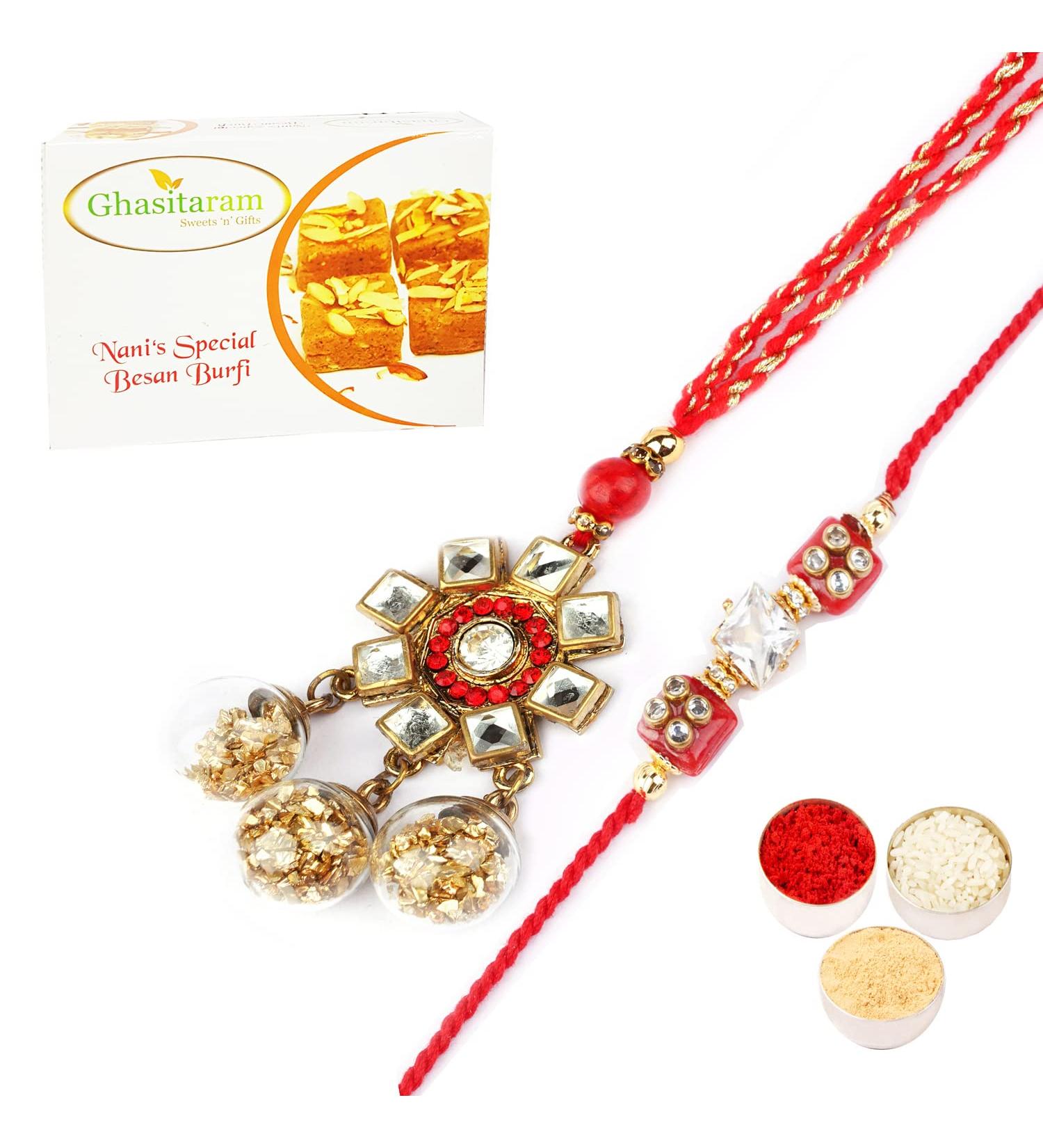 Ghasitaram Gifts Rakhis Online - Rakhi for Brother- RM-128 Bhaiya Bhabhi Rakhi with 400 GMS of Besan Barfi Rakhi Set with 400 gms of Besan Barfi - Buy Online on GoSupps.com