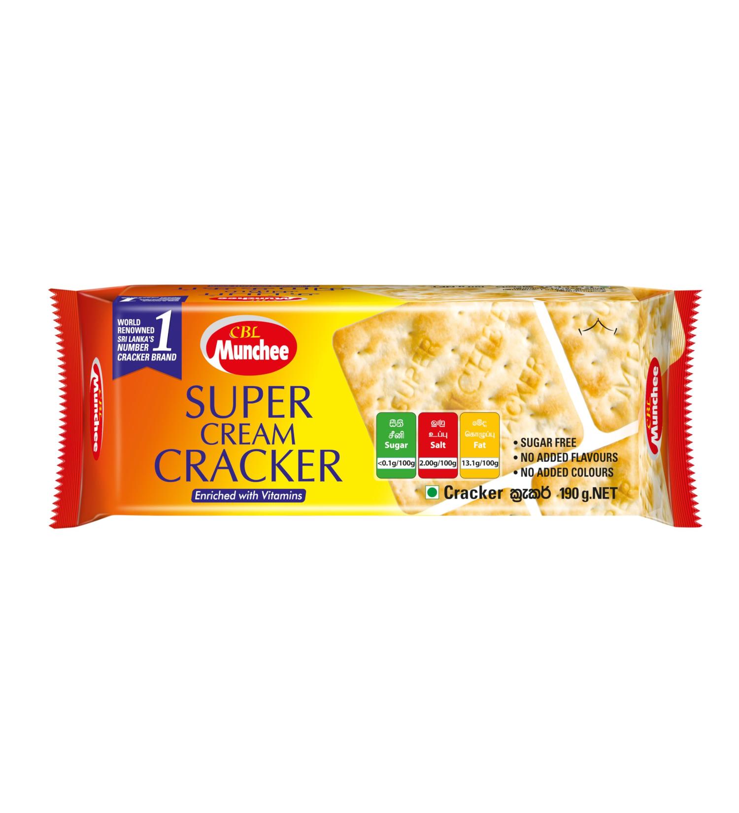Munchee Super Cream Cracker Biscuits Light & Crisp Sugar Free Crackers Vitamin Enriched No Added Flavours No Added Colours (1 pack 190 gram)